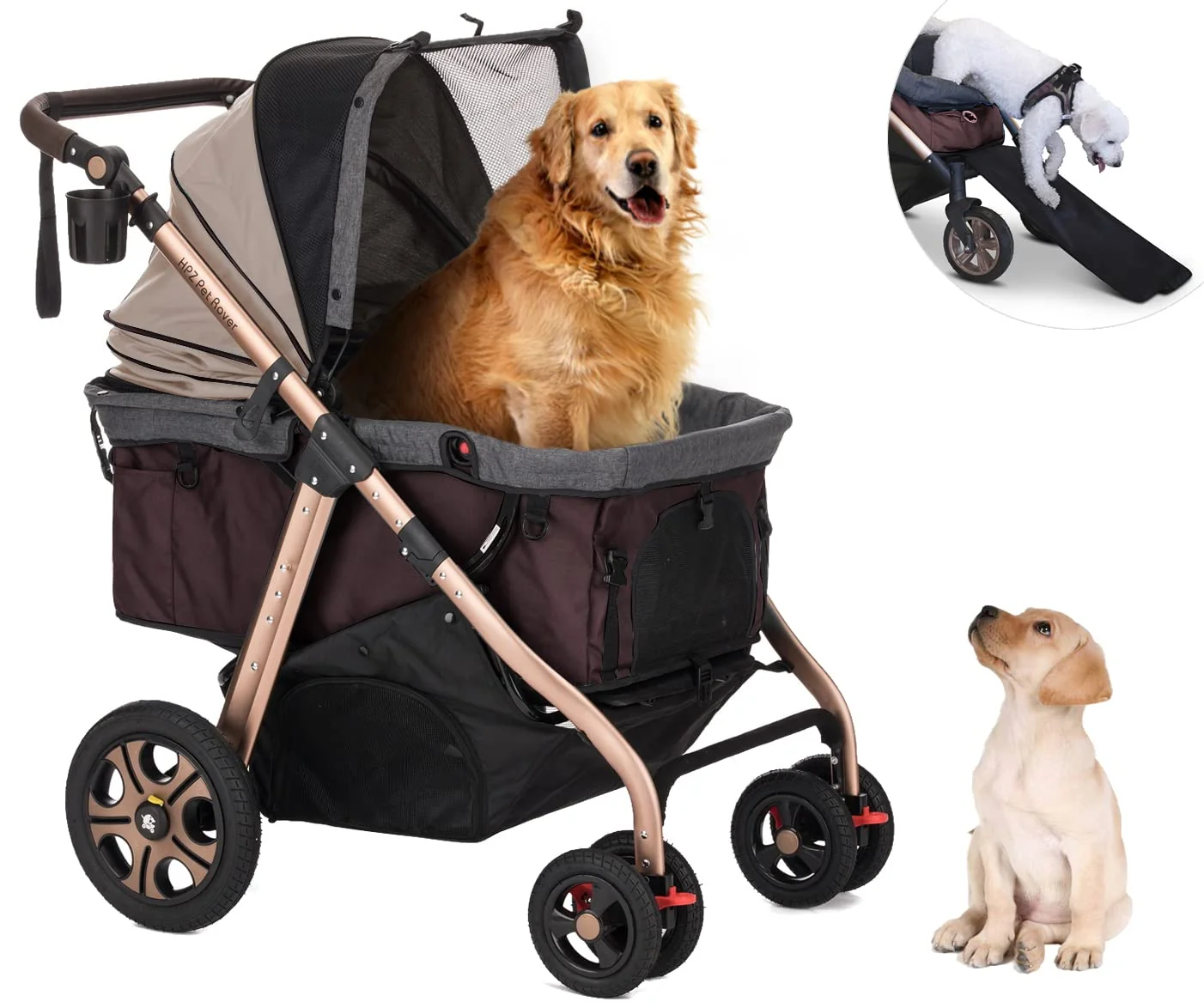 Exceptional HPZ Pet Rover Titan-HD Taupe – Premium Super-Sized Pet Stroller 100 Lb Capacity All-Terrain Aluminum Frame