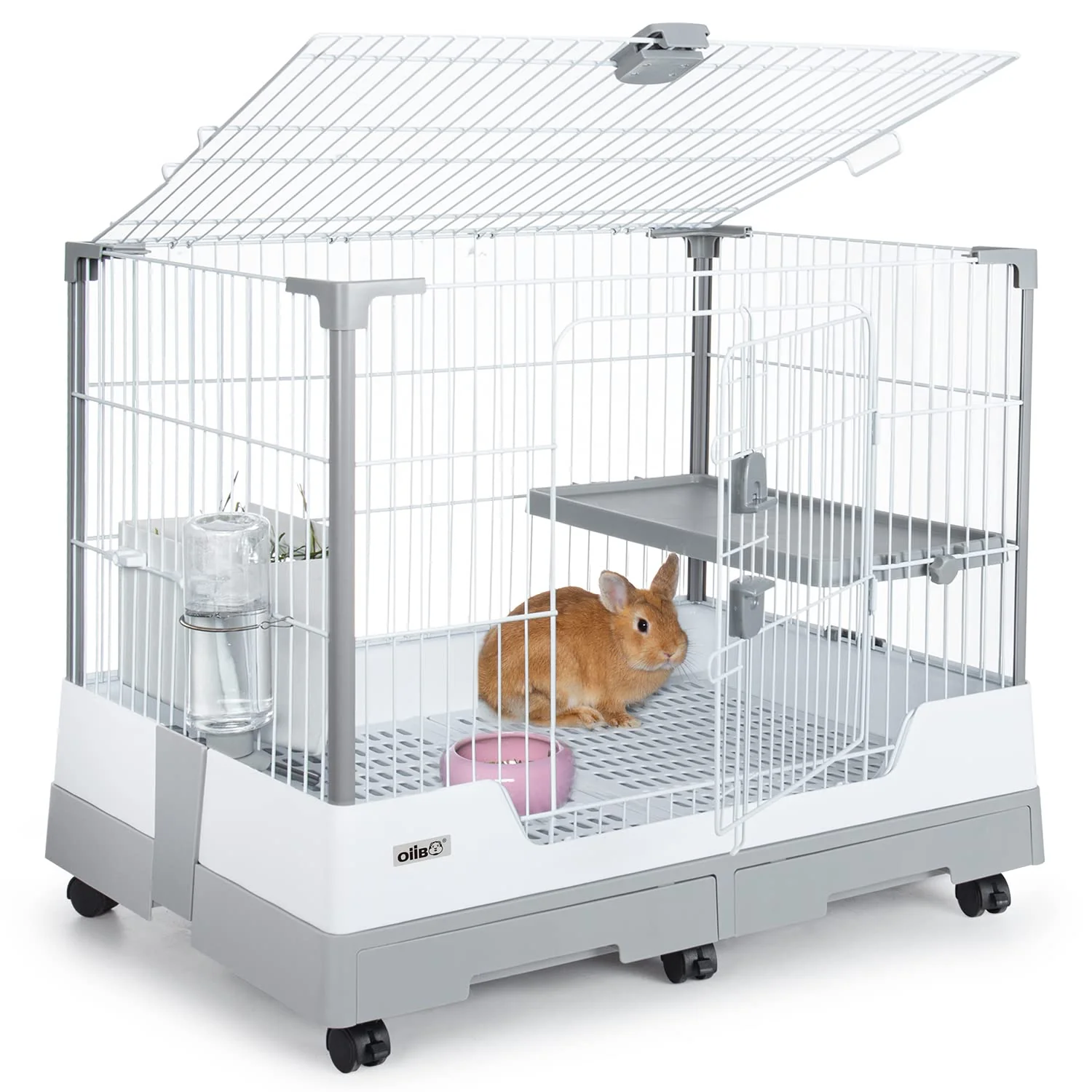 Traditional Oiibo Deluxe Rabbit Cage 32in x 21in x 26in Large Indoor Hutch with Pull-Out Tray and Casters Original Design