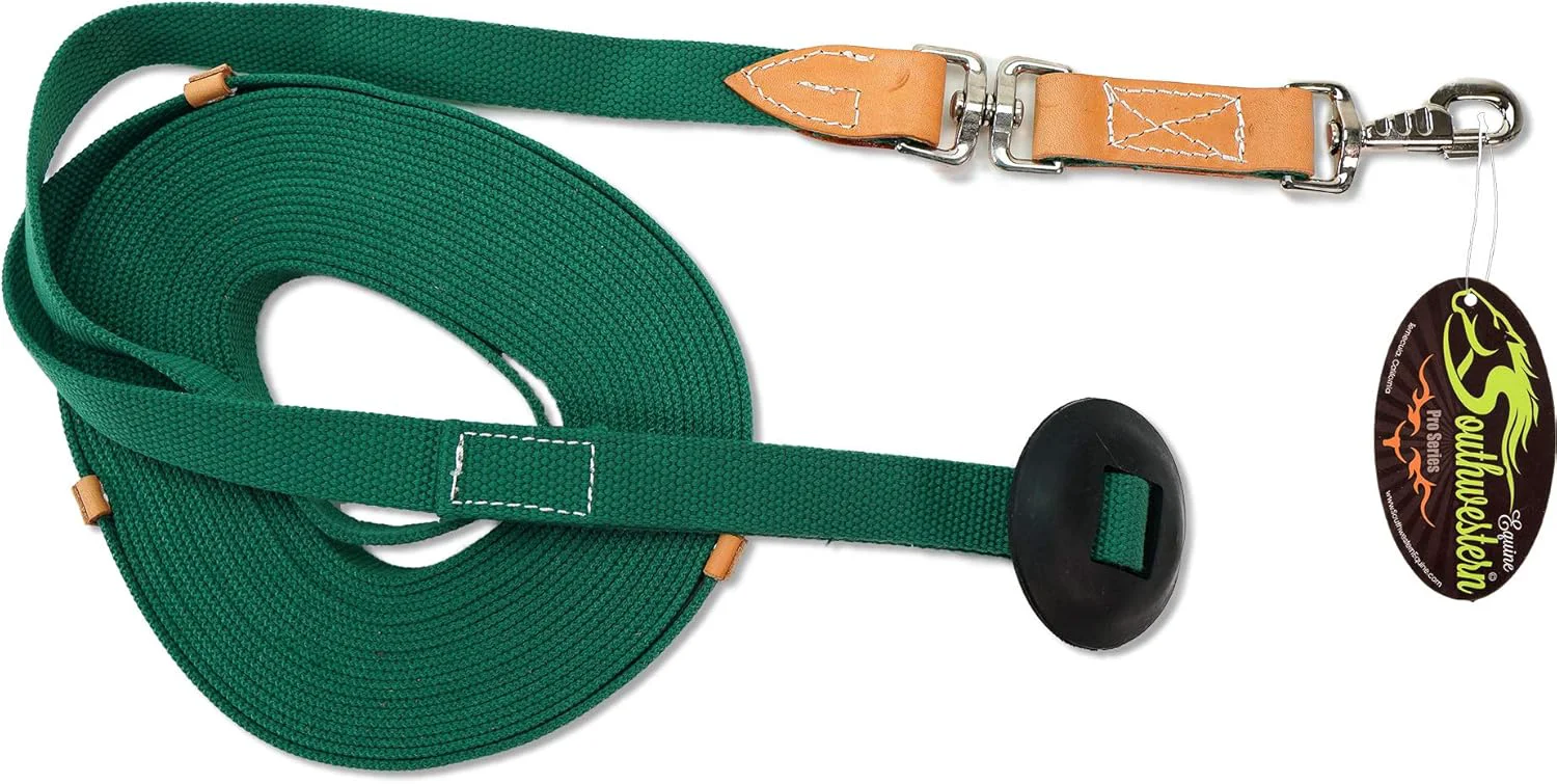Proven Southwestern Equine 35' Flat Cotton Web Lunge Line with Bolt Snap Rubber Stop 35' Emerald Elegant