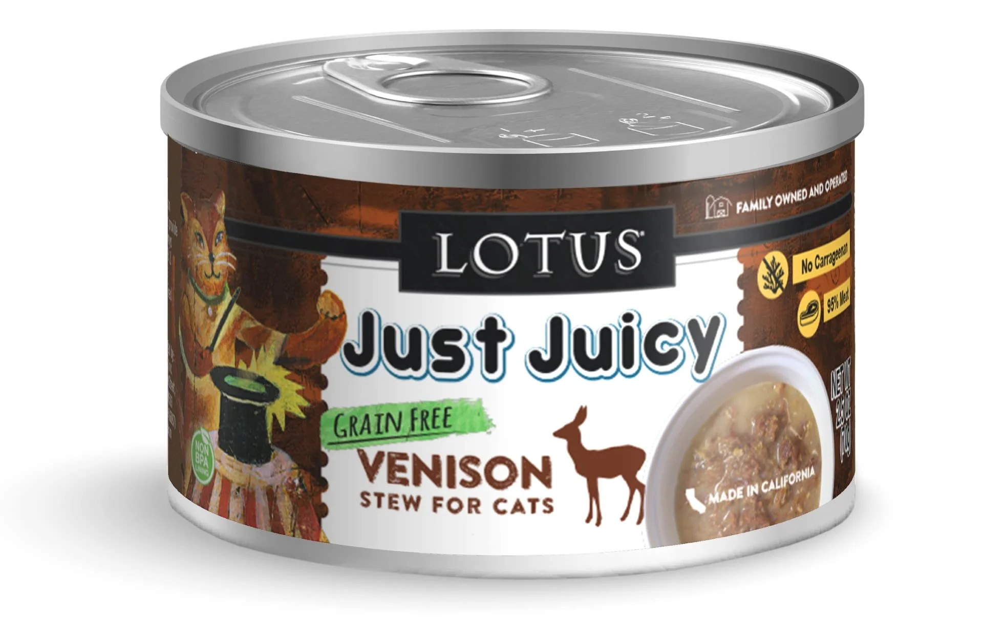 Certified Lotus Just Juicy Venison Stew for Cats – 2.5 oz Cans Case of 24 Long-Lasting