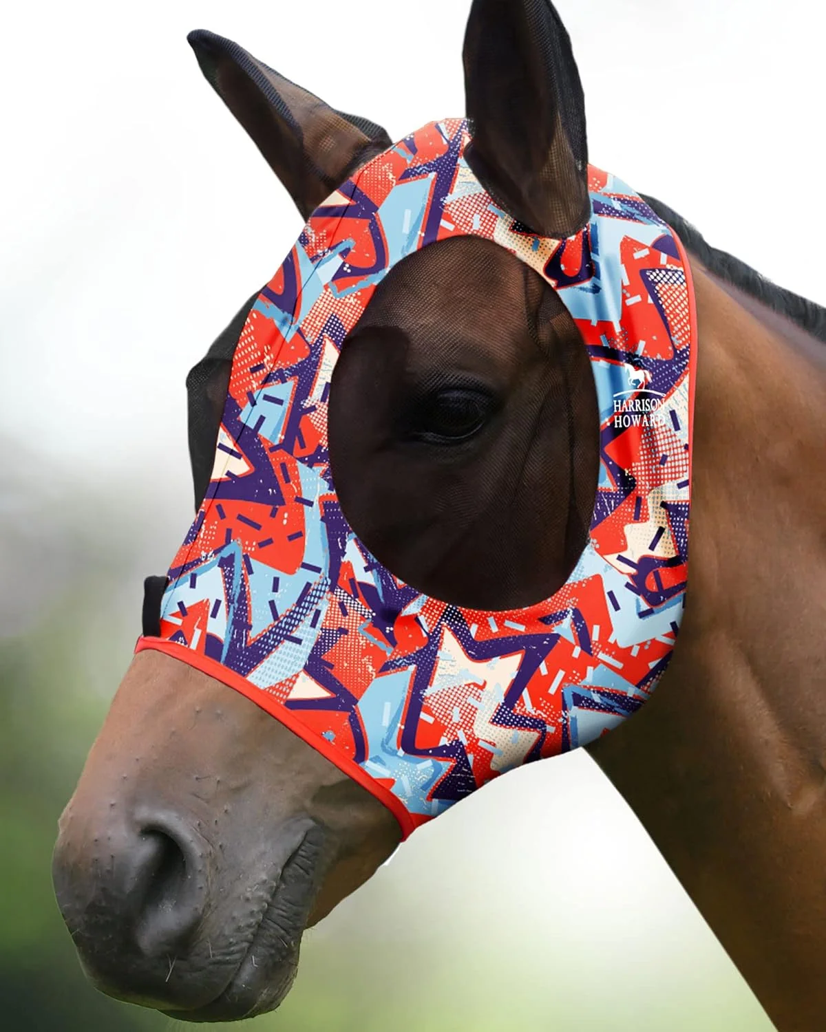 Comfortable Harrison Howard Super Comfort Stretchy Fly Mask Large Eye Space with UV Protection Soft on Skin with Breathability Orange Geo Print M Cob Expertly Made