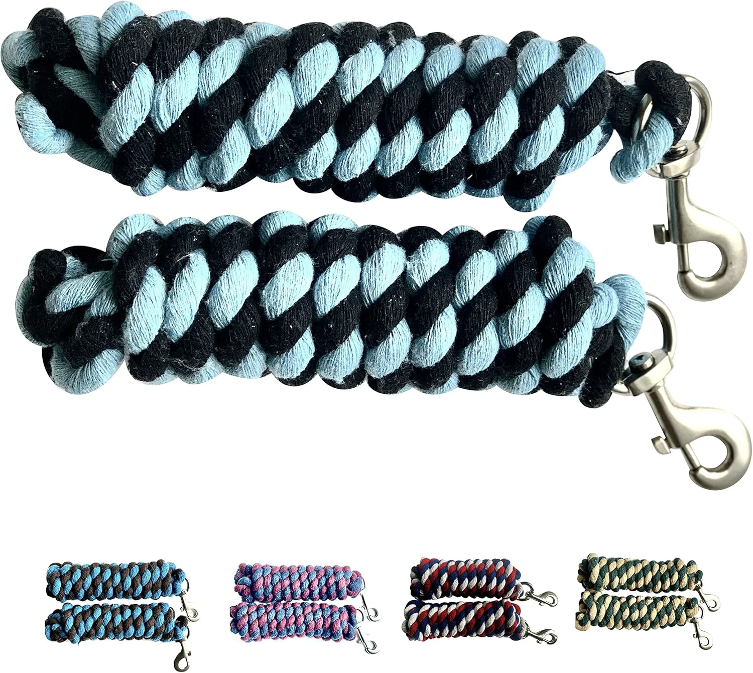Sophisticated Majestic Ally Pack of 2 Solid Cotton Lead Rope for Horses Livestock – 10 Foot Long and 5 8 inch Thick - Replaceable Heavy-Duty Satin Bolt Snap – Handmade – Soft Broken in Feel Sky Blue - Black Convenient