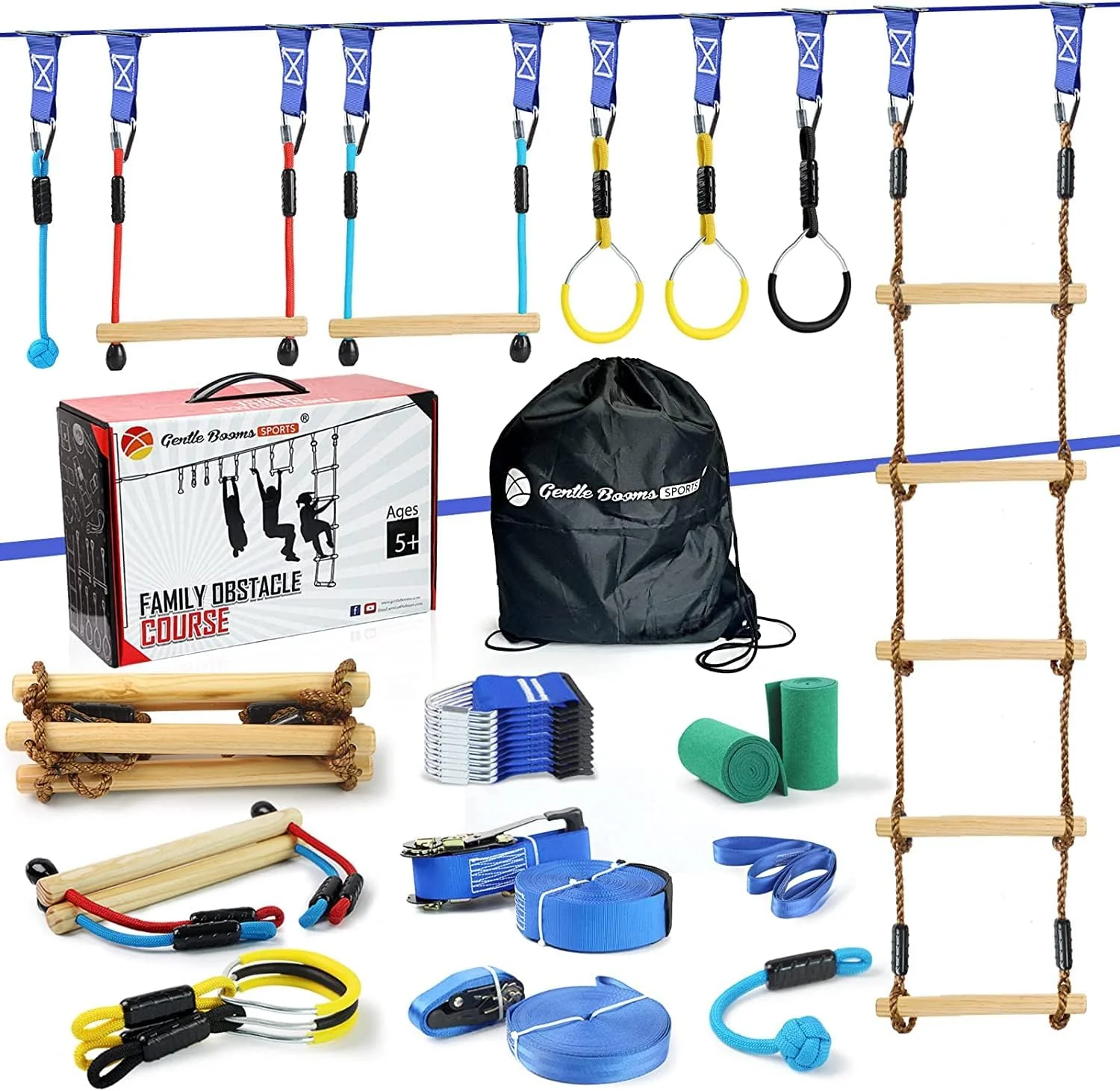 Premium Material 2×56ft Ninja Warrior Obstacle Course for Kids - 600 lbs Weight Capacity Slackline Obstacle Course with 8 Ninja Accessories - Monkey Bar Rope Ladder Gymnastic Ring Arm Trainer and Monkey Fist Luxury