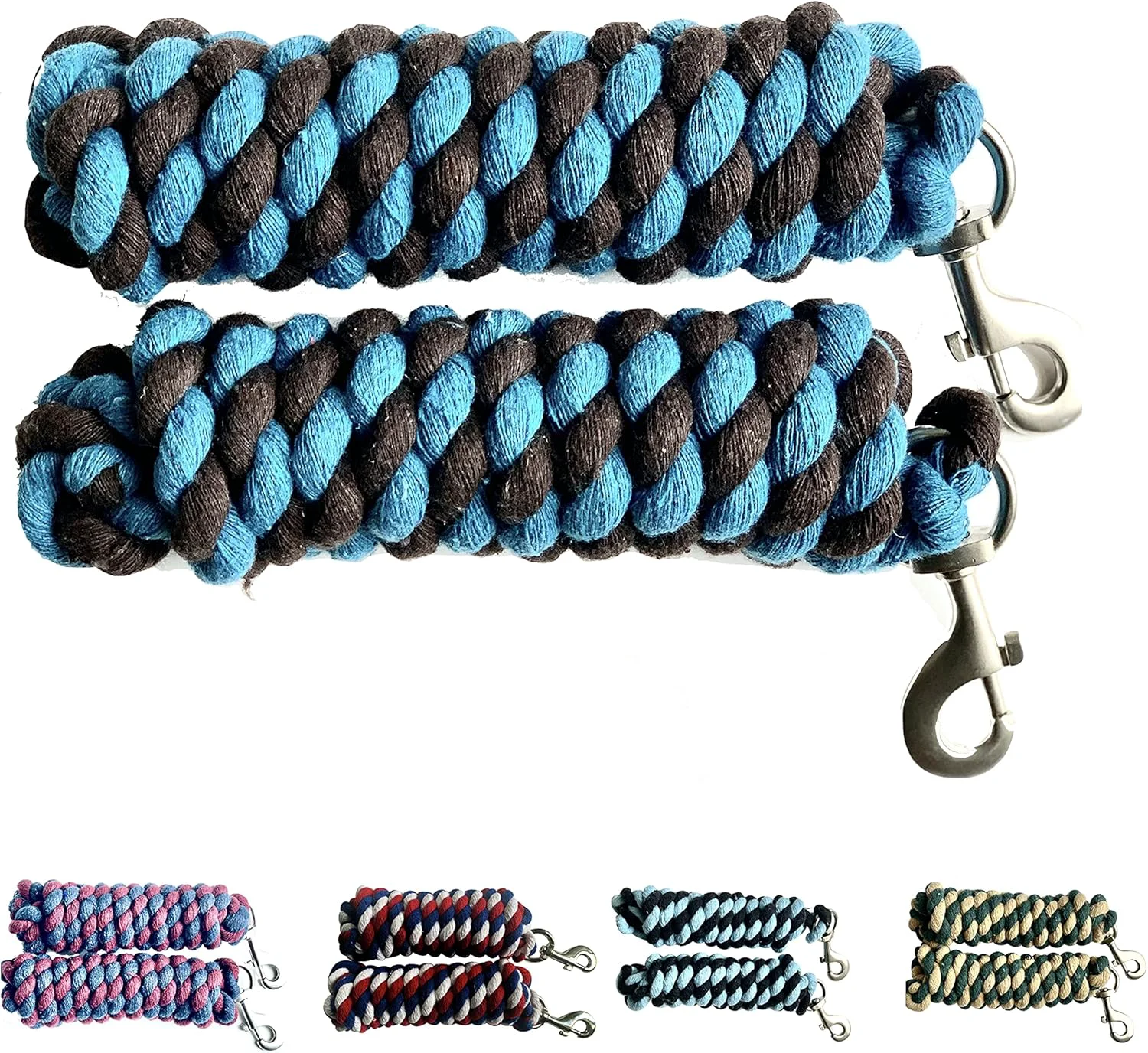 Durable Majestic Ally Pack of 2 Solid Cotton Lead Rope for Horses Livestock – 10 Foot Long and 5 8 inch Thick - Replaceable Heavy-Duty Satin Bolt Snap – Handmade – Soft Broken in Feel Turquoise -Brown Green