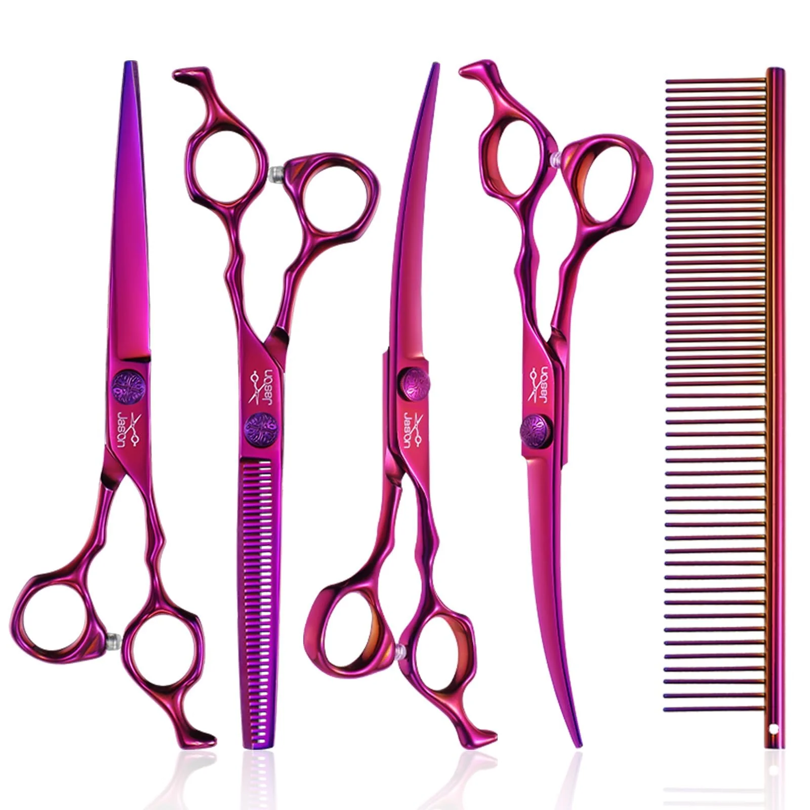 Expertly Made JASON Purple 6 in 1 Dog Grooming Scissors Set – 7 in Thinning Straight Up-Curved Down-Curved Scissors Comb Advanced