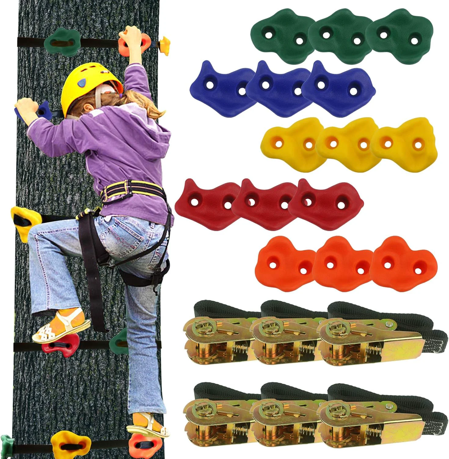 Clean Ogrmar 15 Packs Ninja Tree Rock Climbing Holds Kits with 6 Ratchet Straps for Kids Adults Outdoor Backyard Ninja Tree Obstacle Course Training Fast