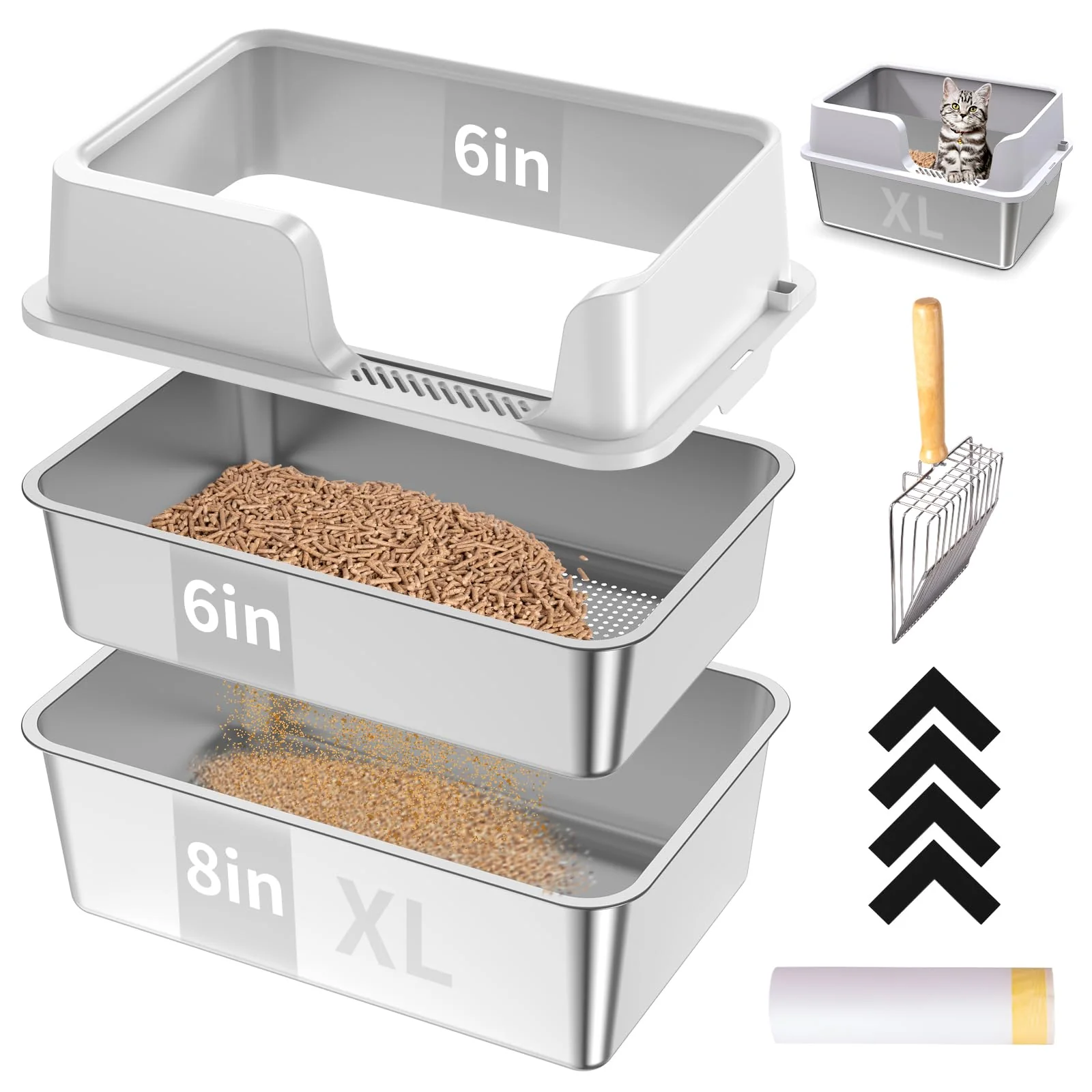 Easy-to-Use EODO XL Stainless Steel Sifting Cat Litter Box – High Side Odor Control Easy Clean Reusable