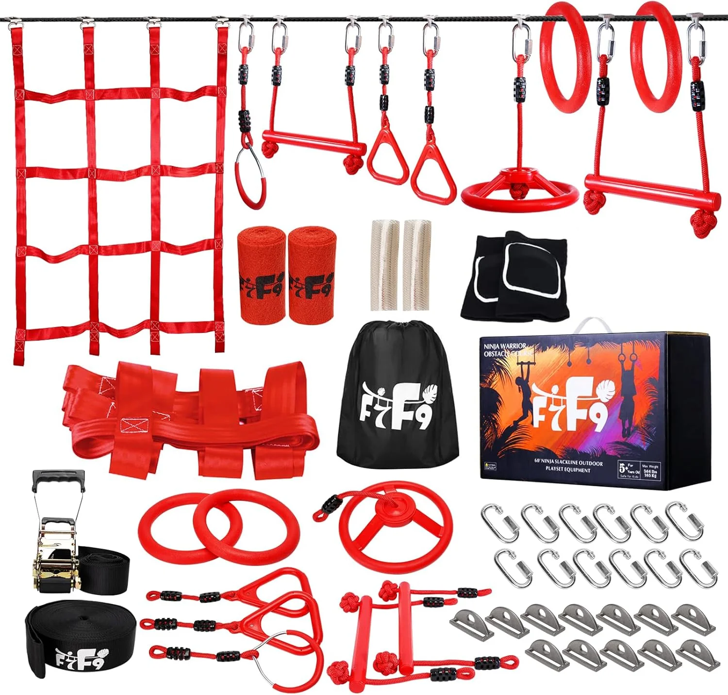 Specialty Ninja Warrior Obstacle Course for Kids Backyard with A Pair of Knee Pads 60 Ninja Slackline and Slackline Protective Tube with Unique Obstacles Climbing Net Ninja Wheel Monkey Bars Gym Rings Sophisticated