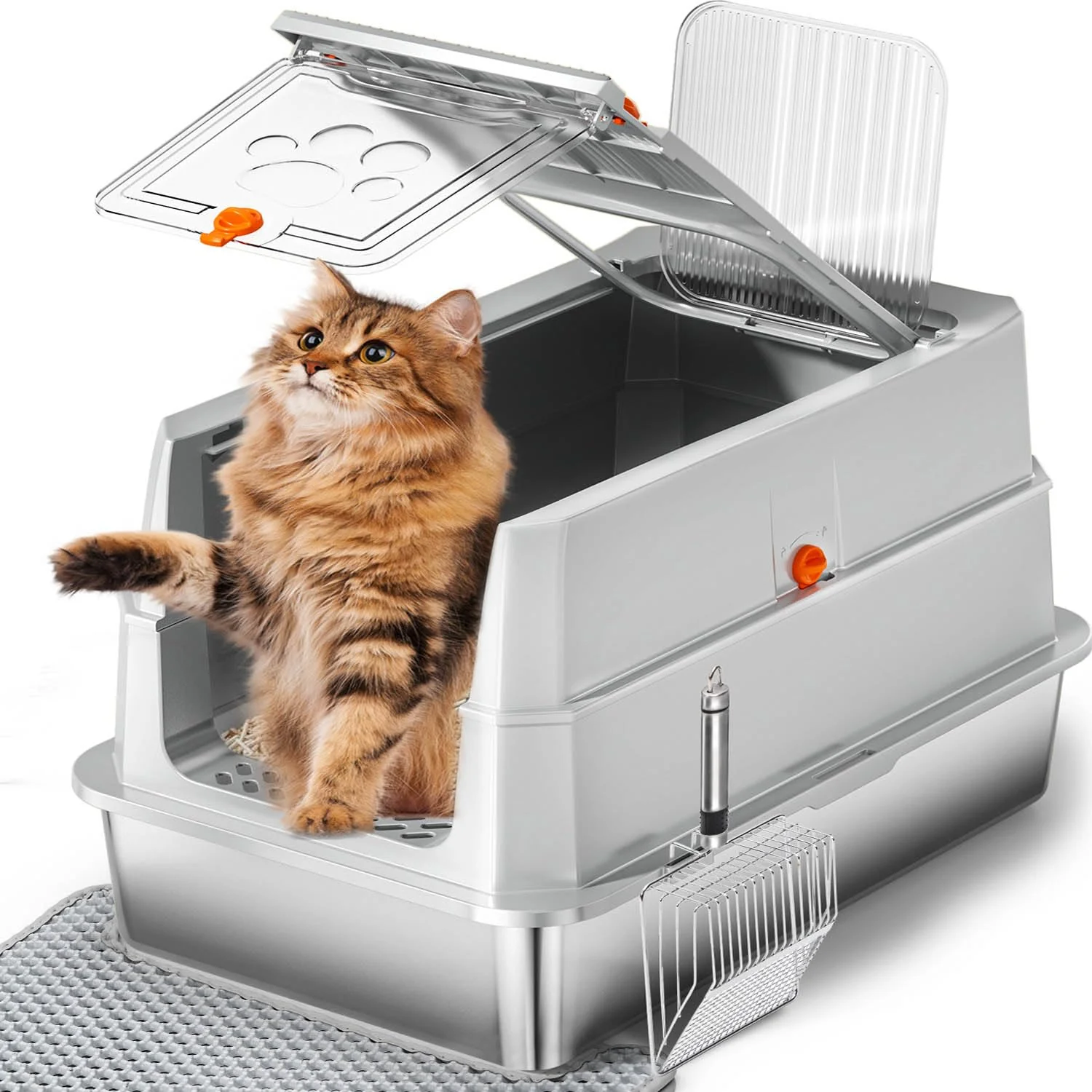 Relaxed Lobeve Stainless Steel Litter Box with Lid 165° Flip-Top XL Enclosed Cat Box with Scoop Mat Light Gray Enhanced