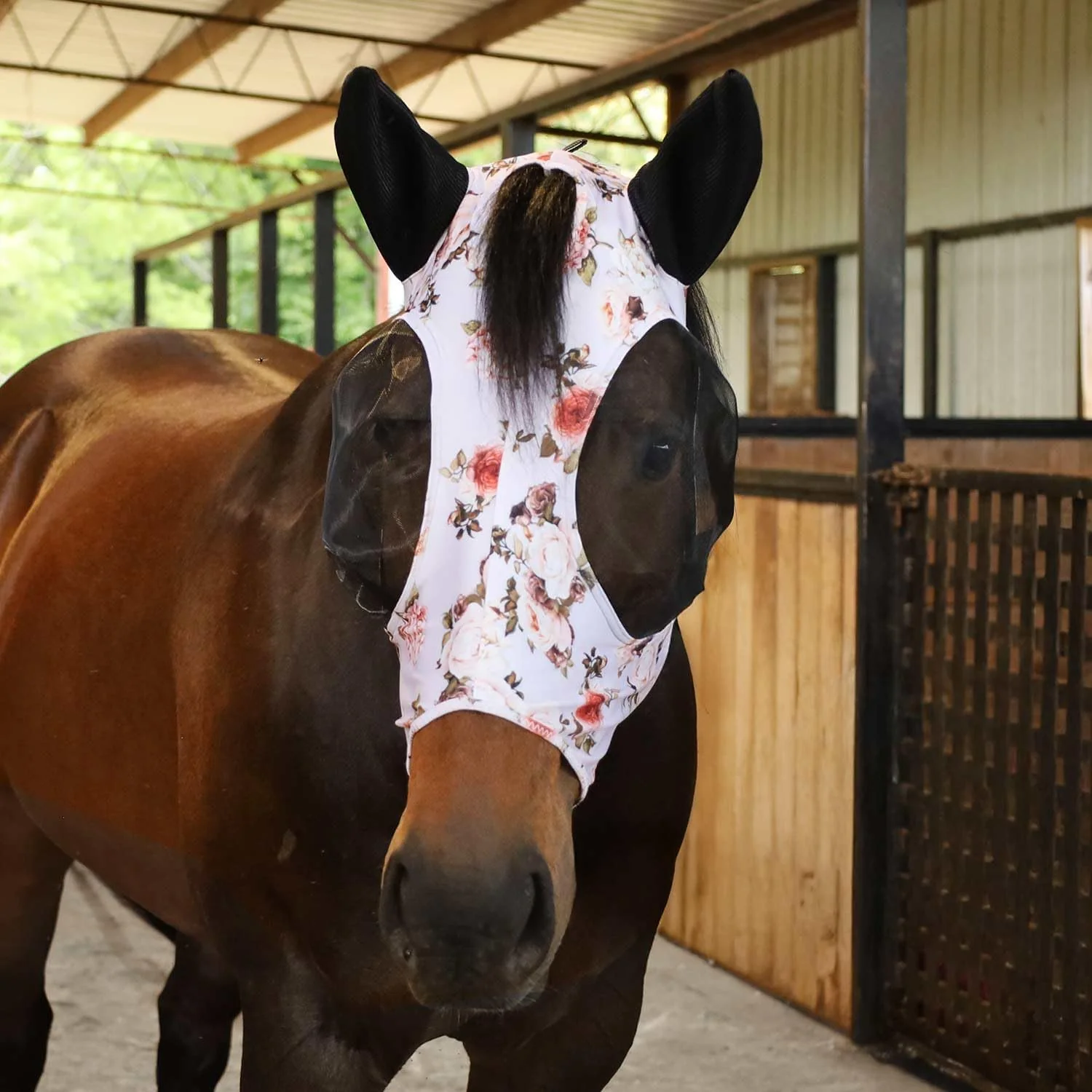 Original Design Jeffers Expression Lycra Horse Fly Mask – Full Size Rose Garden – Lightweight Stretch Horse Mask with Mesh Eyes Ears Breathable Lycra Fly Mask for Horses Equine Summer Apparel Gear Safe