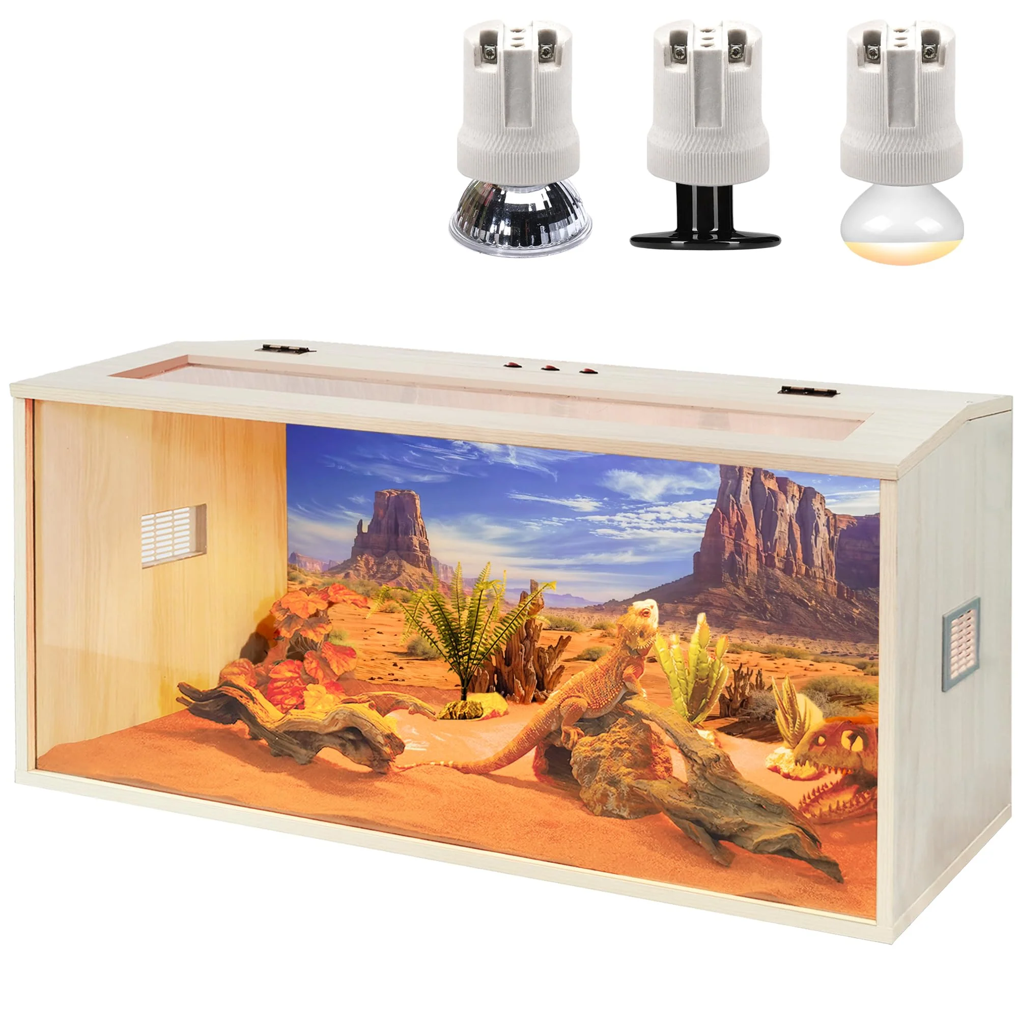 Original Design PROLEE Reptile Terrarium — 62 Gallon Tank with Roof Door Built-in Lamp Sockets Openable Wood Roof Classic