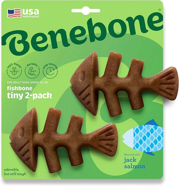 Comfortable Benebone Tiny 2-Pack Fishbone Durable Dog Chew Toys Fish Flavor Made in Smart