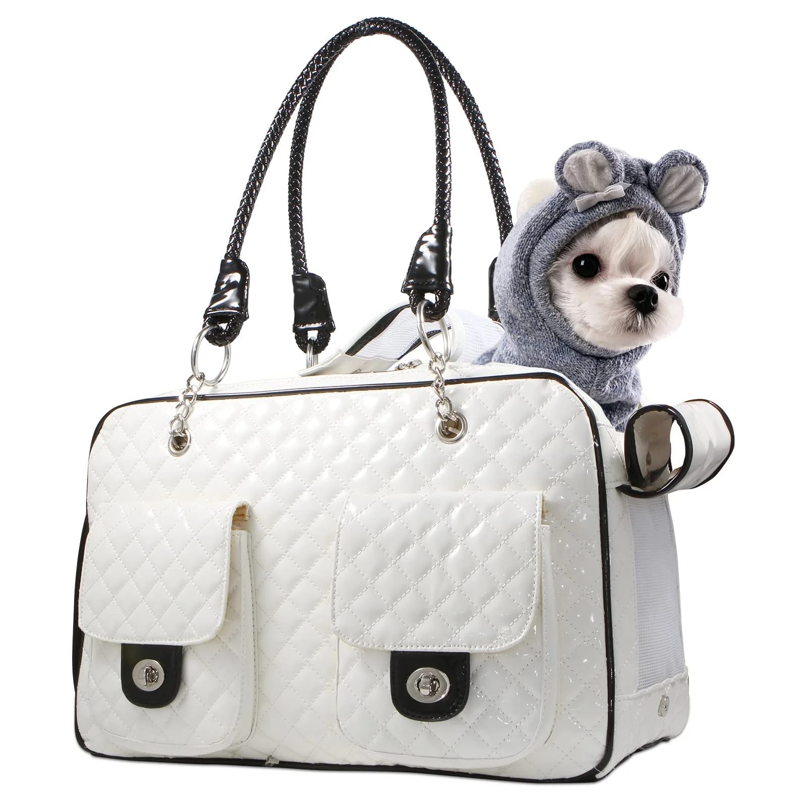 Organic BETOP HOUSE Soft-Sided Pet Travel Carrier – Airline- Collapsible White Shiny Patent Leather Sustainable