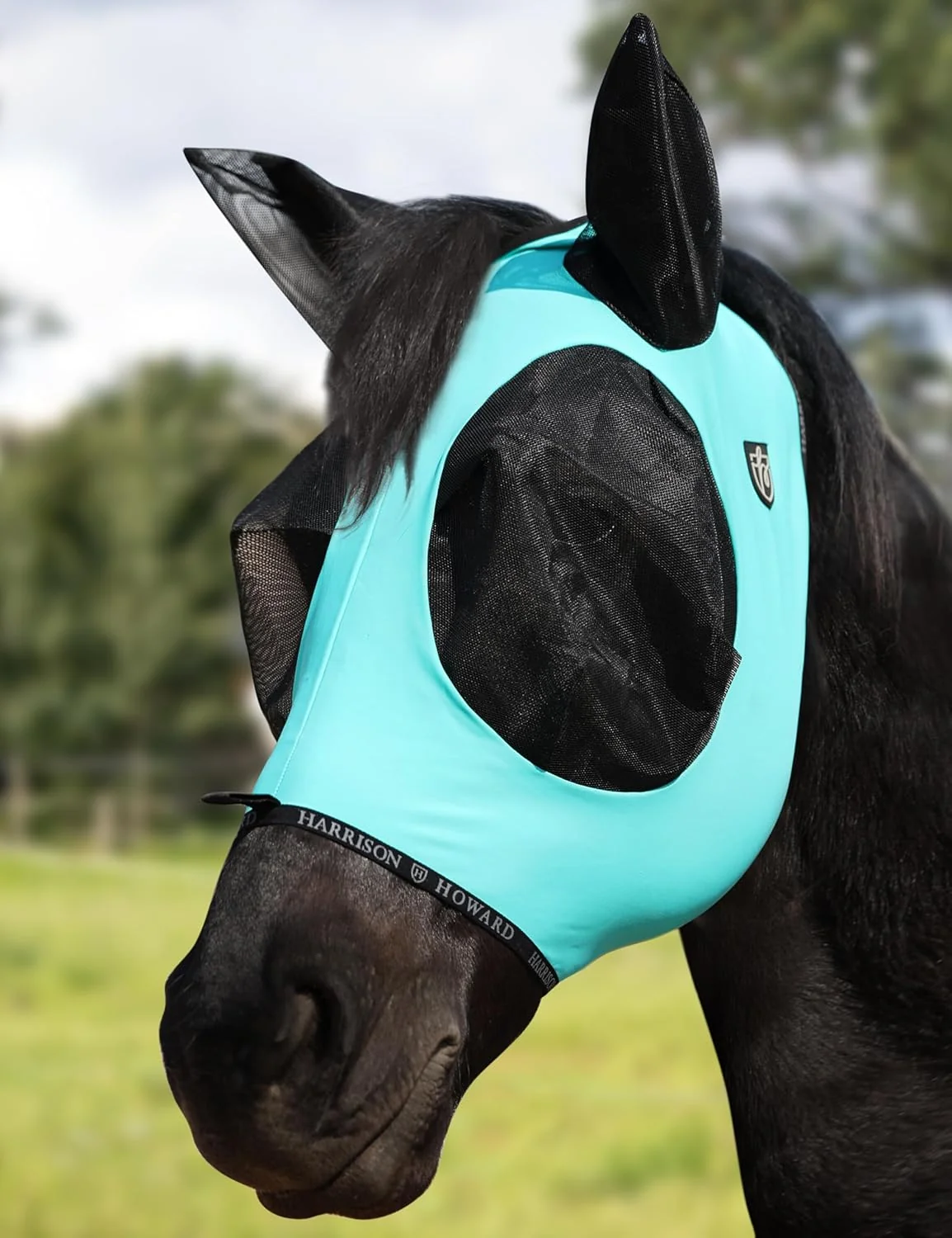 Premium Material Harrison Howard Horse Fly Mask with Forelock Opening Stretch Breathable and Comfortable for Horses UV -Protection Turquoise Green L Easy-to-Use