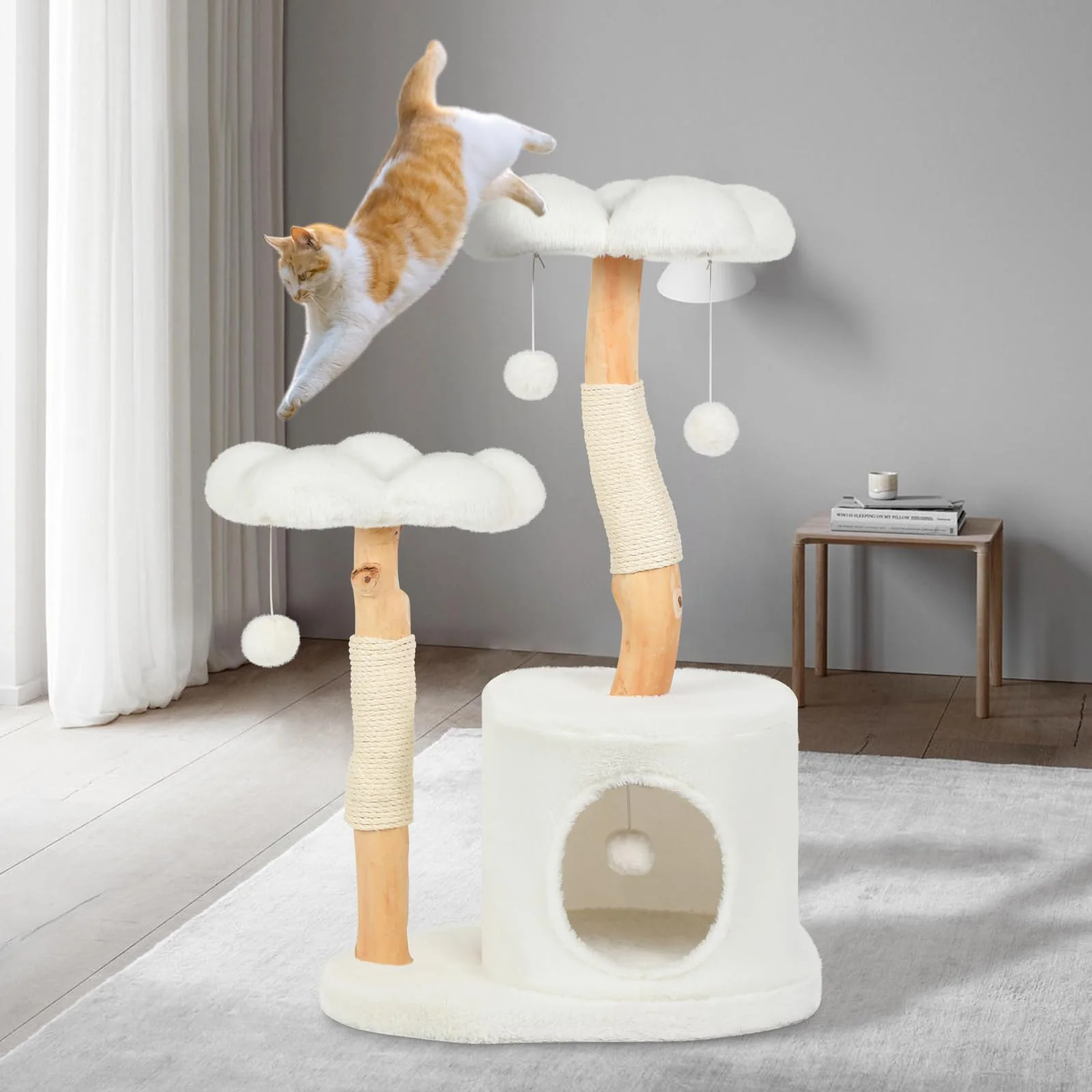 Dependable Yungaspy Cute Cat Tree Tower - Alpine White Flower Wood Cat Tree with 6 Pompoms Breathable