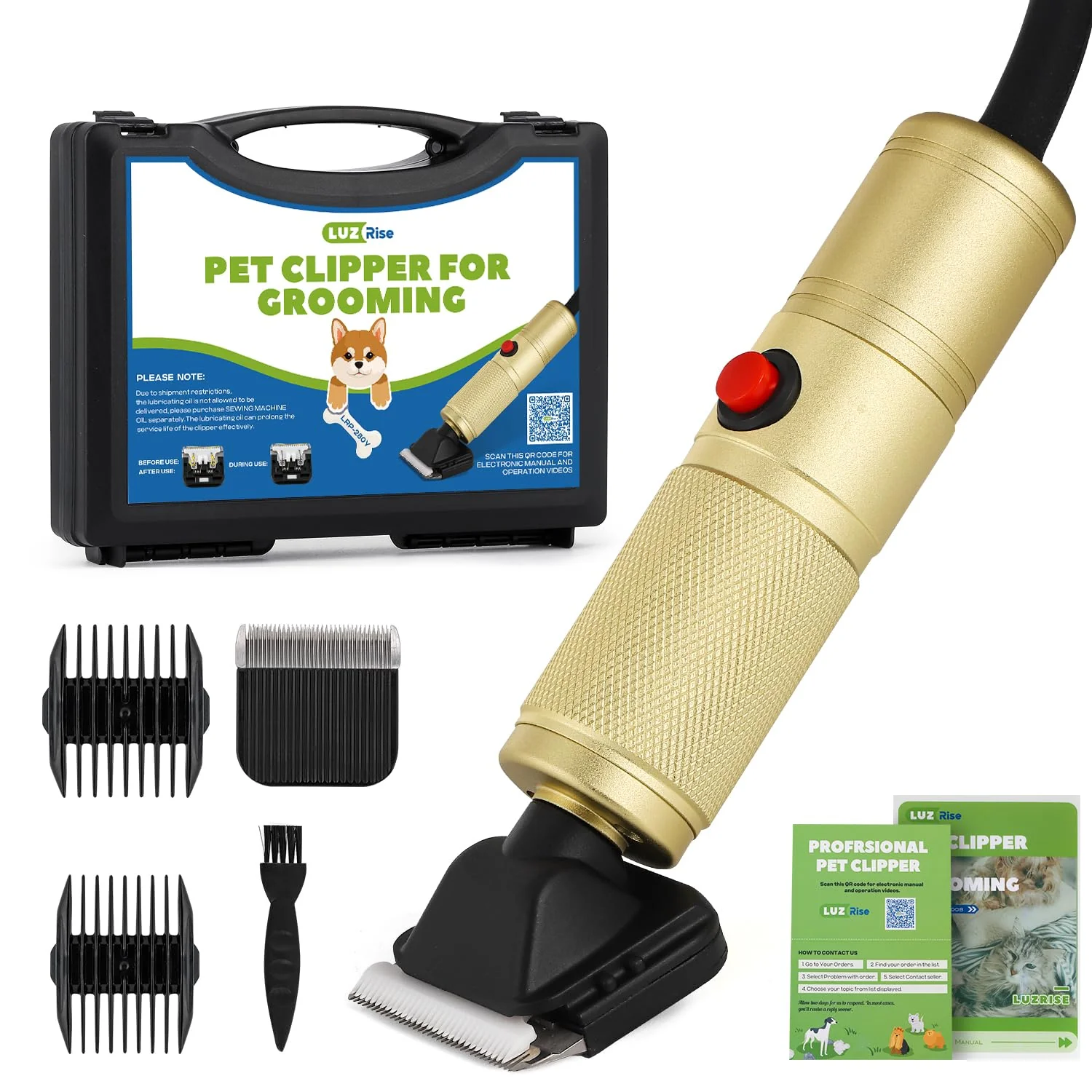 Original Design Luzrise Pet Grooming Clippers 280W – Quiet Adjustable 2000-6000 RPM with Detachable Blades User-Friendly