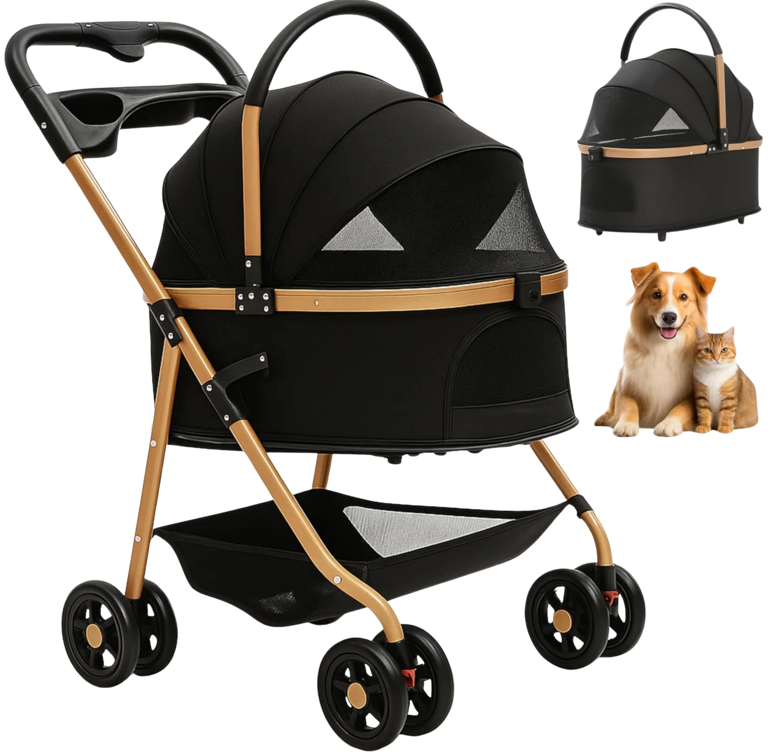 Powerful Velora Pet Stroller with 4 Wheels — Foldable Carrier for Small Medium Pets to 20 kg 3-in-1 Detachable Black Sophisticated