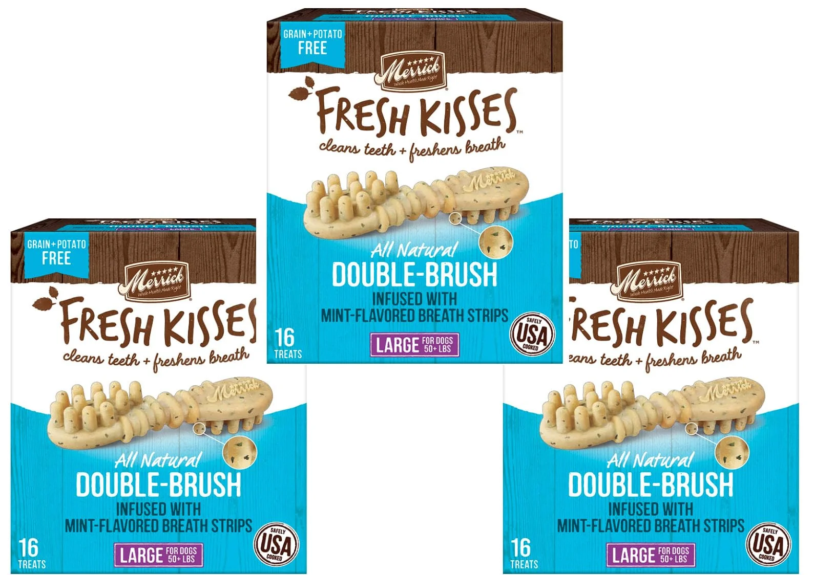 Excellent Merrick Fresh Kisses Mint Double-Brush Dental Treats – Large 16-Count Pack of 3 for Dogs 50 lbs Merrick Pet Artisan