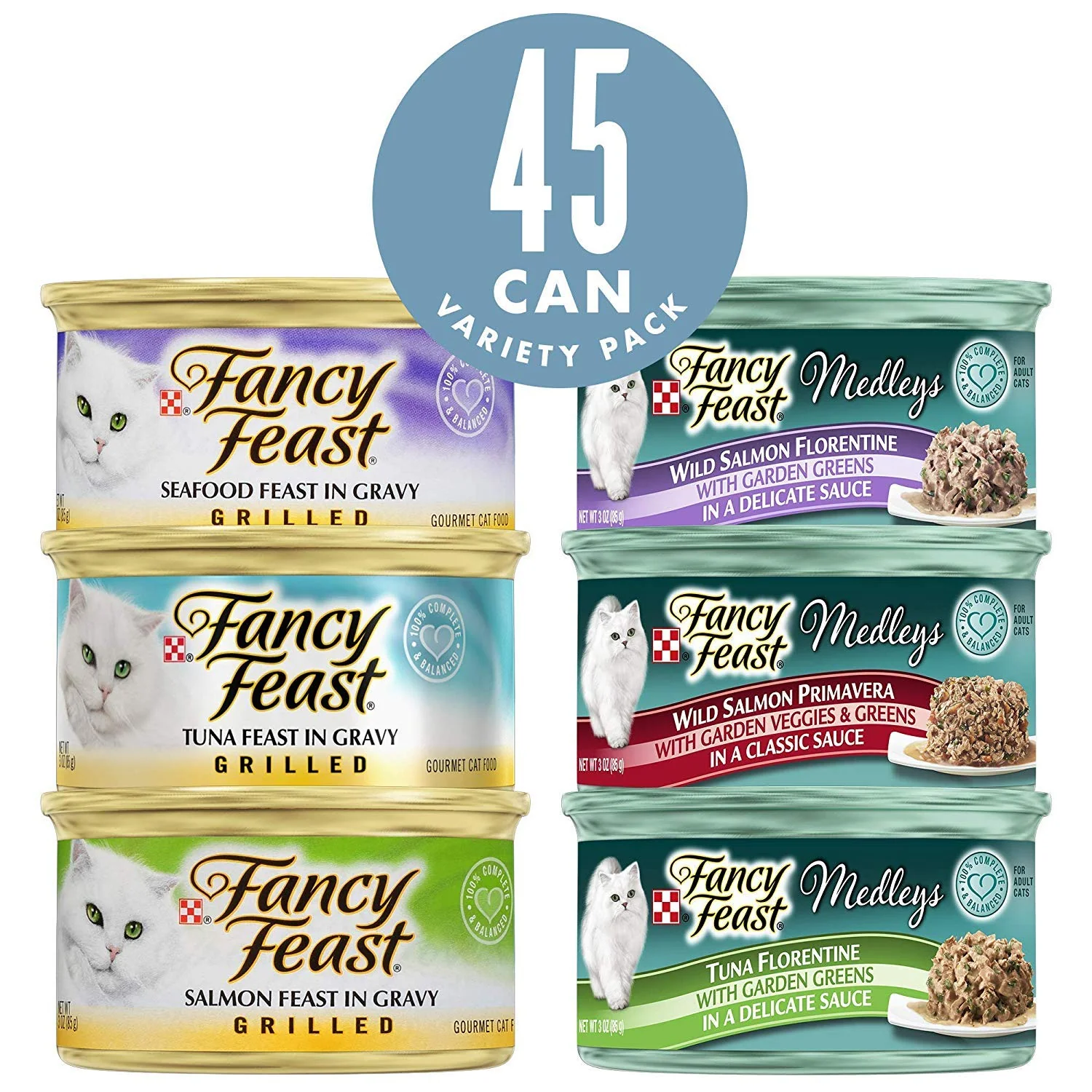 Top-Quality Fancy Feast Purina Wet Cat Food Variety Pack Grilled Feast Medleys Seafood Collection 45 Cans 3 oz Casual