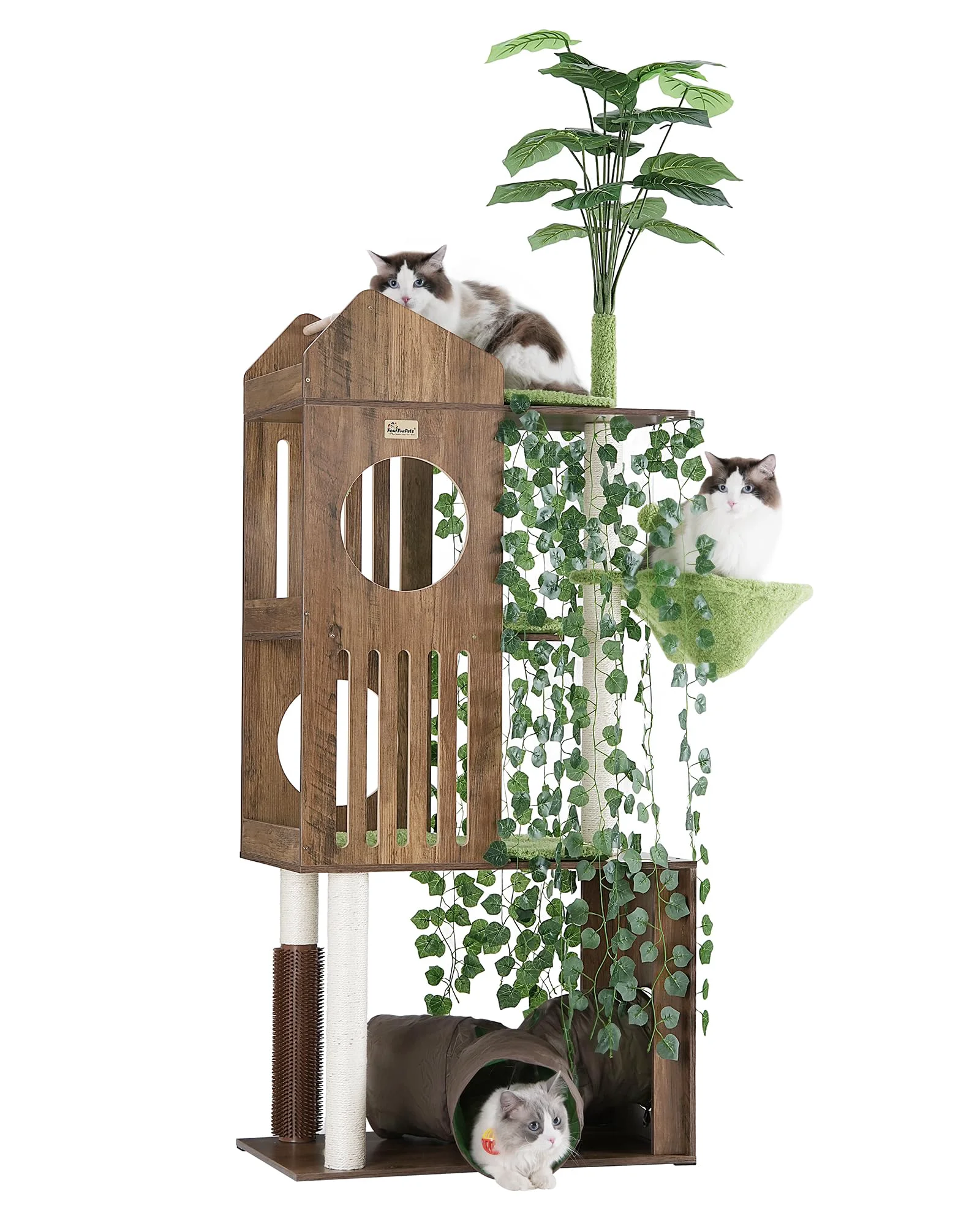 Sophisticated FourFurPets Large Cat Tree with Leaves 72.8-Inch Indoor Cat Tower Greige Fine Crafted