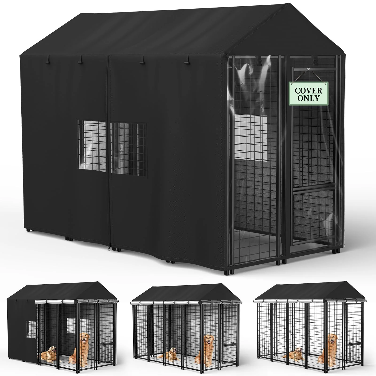 Contemporary COSHNIBI Outdoor Dog Kennel Cover — Heavy Duty Waterproof Windproof UV-Resistant 8'D x 4'Wx6'H – Black Detailed