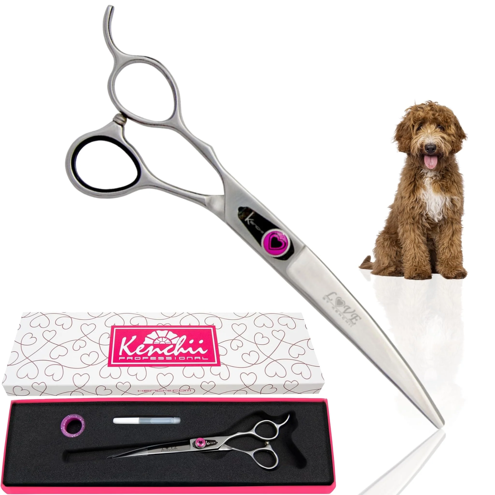 Premium Kenchii Love Left Handed Dog Grooming Scissors 7 Inch Curved Shears Ergonomic Precise Reusable