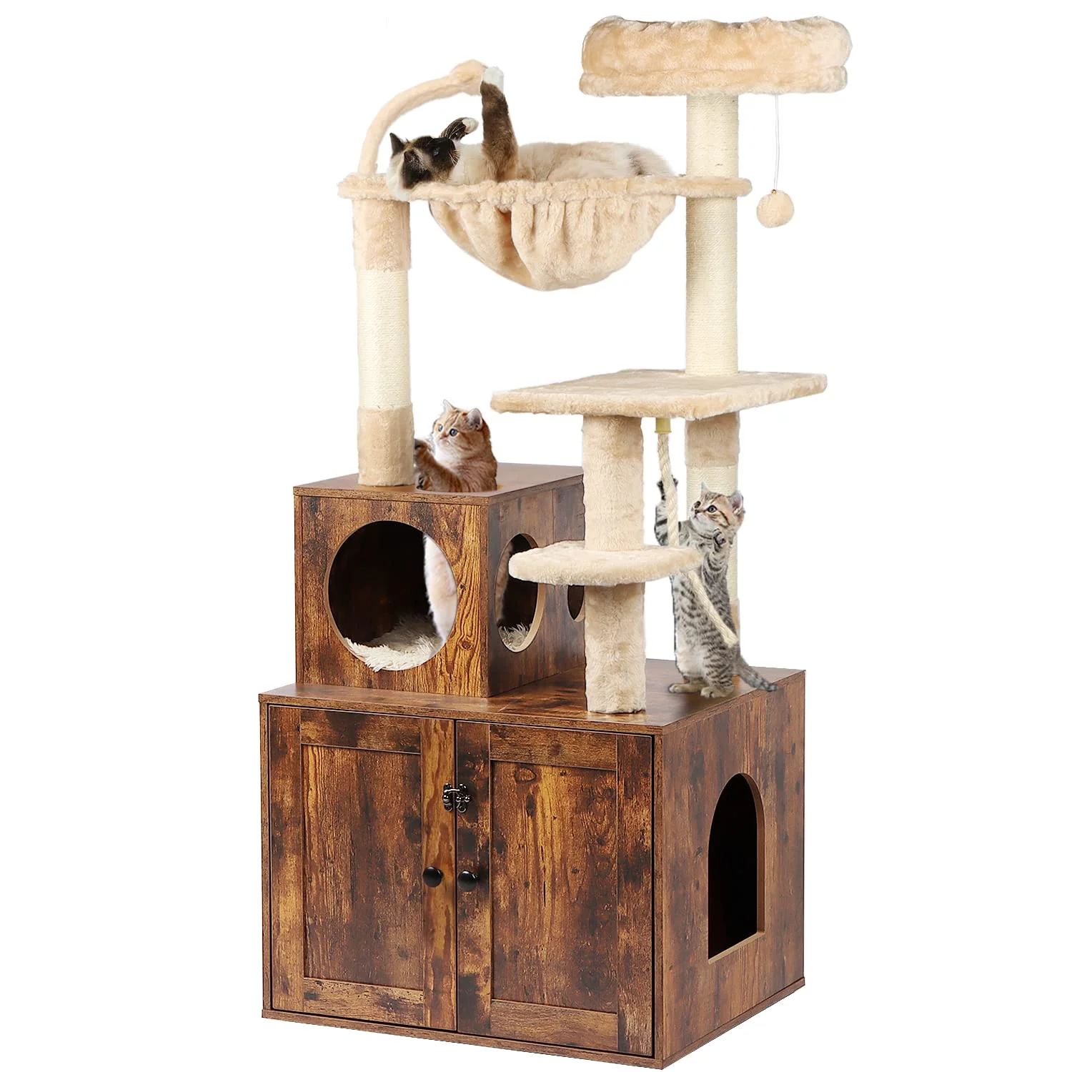 Soft Timberer Cat Tree with Litter Box Enclosure — 2-in-1 Indoor Cat Tower in Rustic Brown Advanced