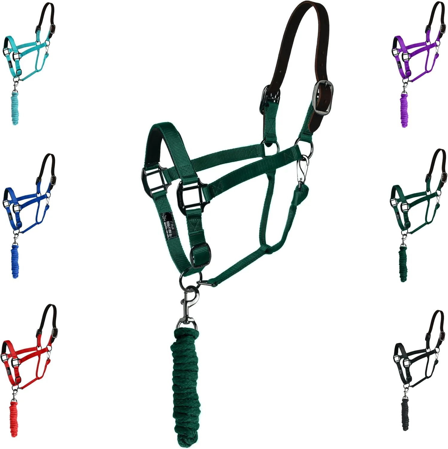 Secure Majestic Ally Leather Halter with Matching Lead Rope for Horses – Leather Breakaway Crown - Adjustable Chin Strap – Rolled Throat Latch – Padded Noseband – Full Hunter Green Full Long-Lasting