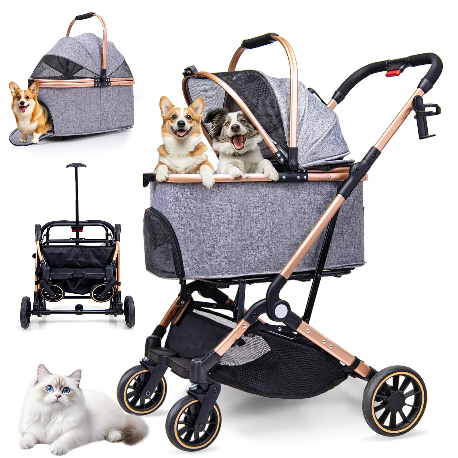 Reliable LENSEMUS Dog Stroller 3-in-1 for Medium Dogs 2 Small Cats – All-Terrain Detachable Basket Environmentally Friendly