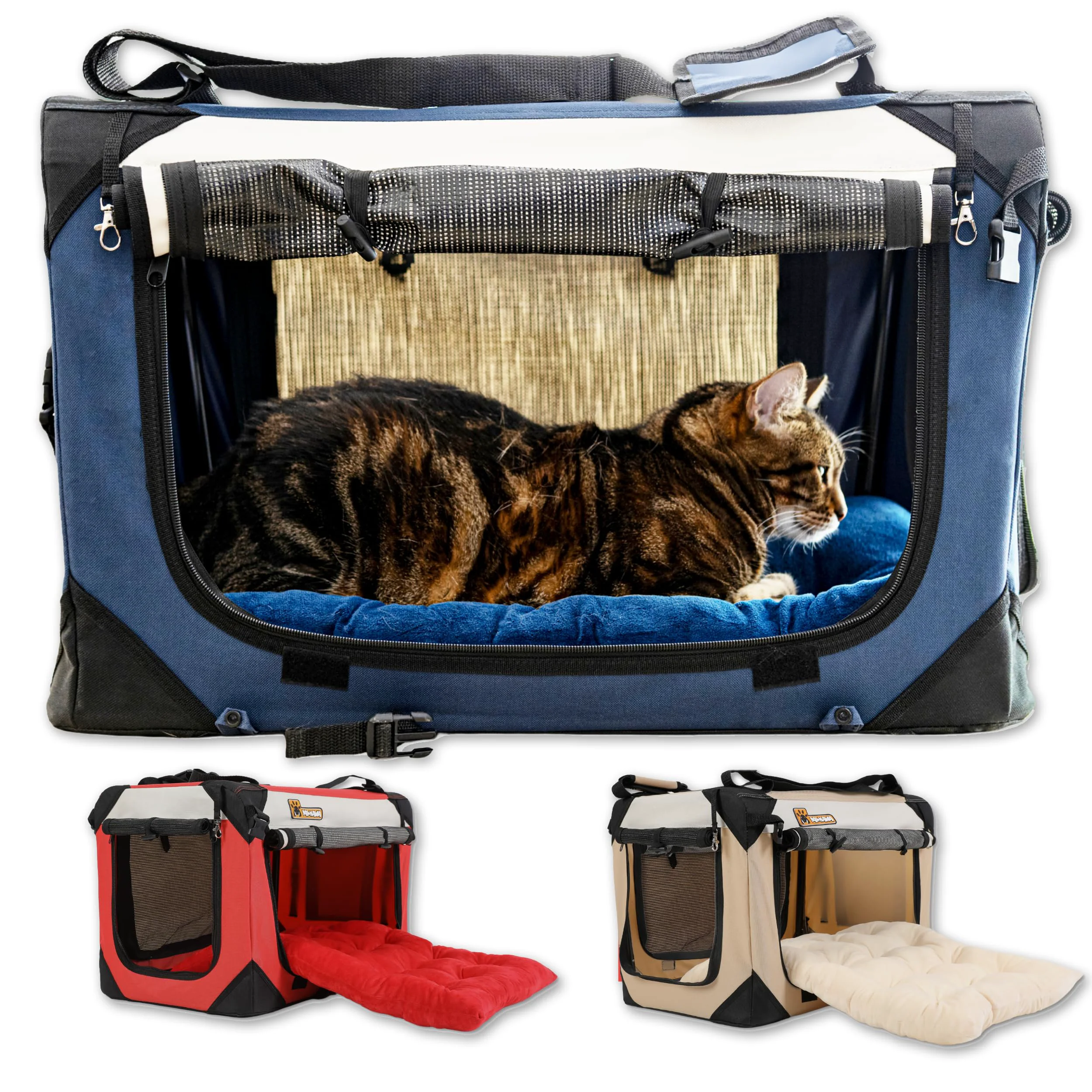 Powerful PAWMANIA Extra Large Carrier – Foldable Soft Sided Pet Kennel 20x13x13 in Cushioned Triple-Entry Lightweight Durable Classic
