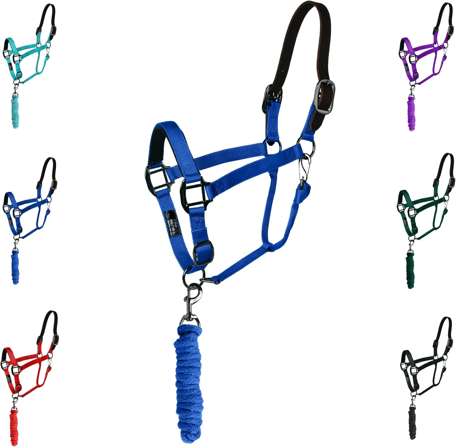 Clean Majestic Ally Leather Halter with Matching Lead Rope for Horses – Leather Breakaway Crown - Adjustable Chin Strap – Rolled Throat Latch – Padded Noseband – Full Royal Blue Full Excellent