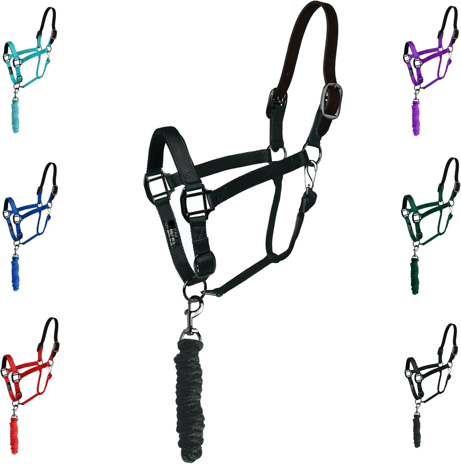 User-Friendly Majestic Ally Leather Halter with Matching Lead Rope for Horses – Leather Breakaway Crown - Adjustable Chin Strap – Rolled Throat Latch – Padded Noseband – Full Black-Black Nickel Full Relaxed