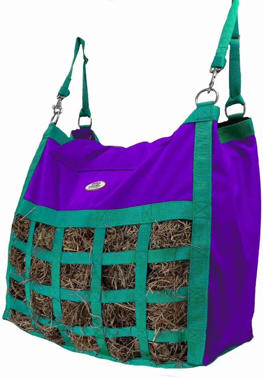 Minimalist Supreme Slow Feed Top Load Hay Bag with Super Tough Bottom with 2 x3.5 Rectangular Openings and 6 Month Warranty Purple Lime Green Trim Outstanding