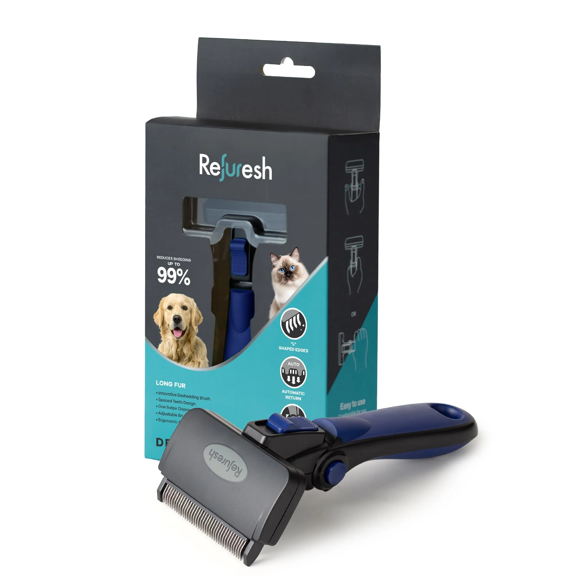 Optimized Refuresh Deshedding Brush for Long-Hair Dogs Cats Medium Blue Long-Lasting