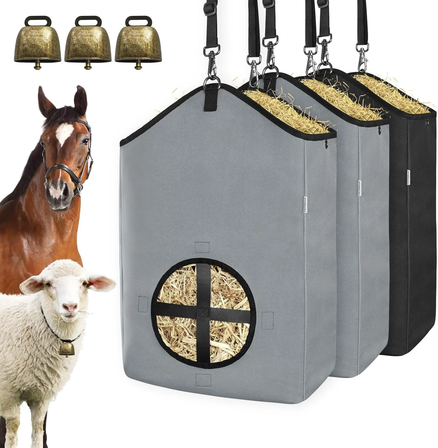 Original Design 3 PCS Goat Hay Feeder Hay Bags for Horses Goats Donkeys with Reinforced Oxford Fabric and High Strength Metal Clasp Horse Feeding Supplies with Adjustable Strap for Easy Hanging 2Grey 1Black High-End