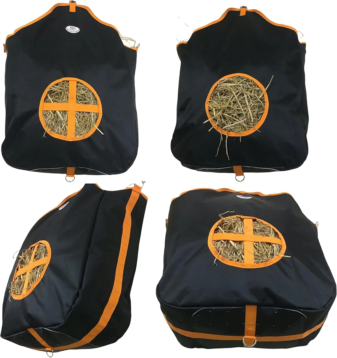 Fashionable Majestic Ally Nylon Hay Feeder Tote Bag for Horse Goat Sheep - Double Sides Open Feed Hole with Faux Leather Ventilated Bottom- Premium Quality -Simulates Grazing - Reduces Waste Black Soft