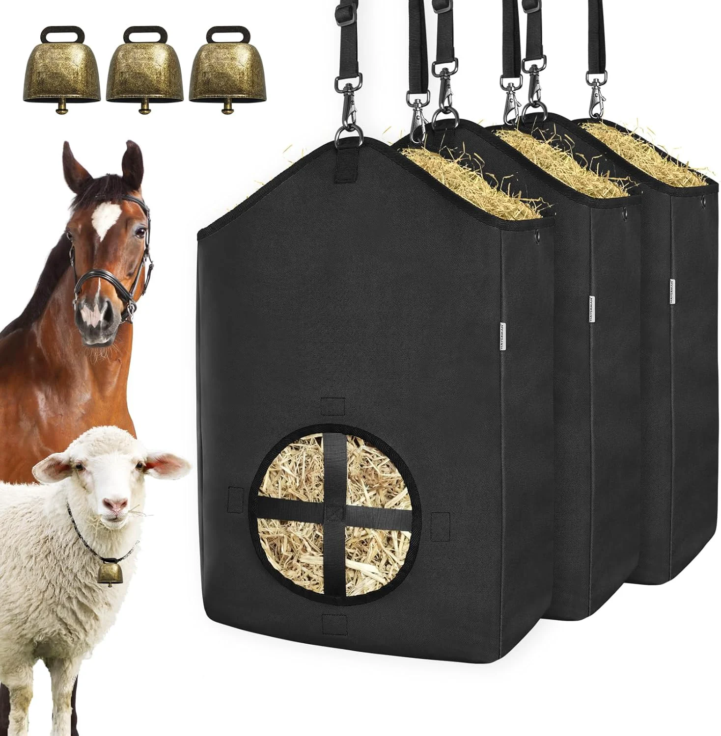 Prestigious 3 PCS Goat Hay Feeder Hay Bags for Horses Goats Donkeys with Reinforced Oxford Fabric and High Strength Metal Clasp Horse Feeding Supplies with Adjustable Strap for Easy Hanging 3Black Original Design