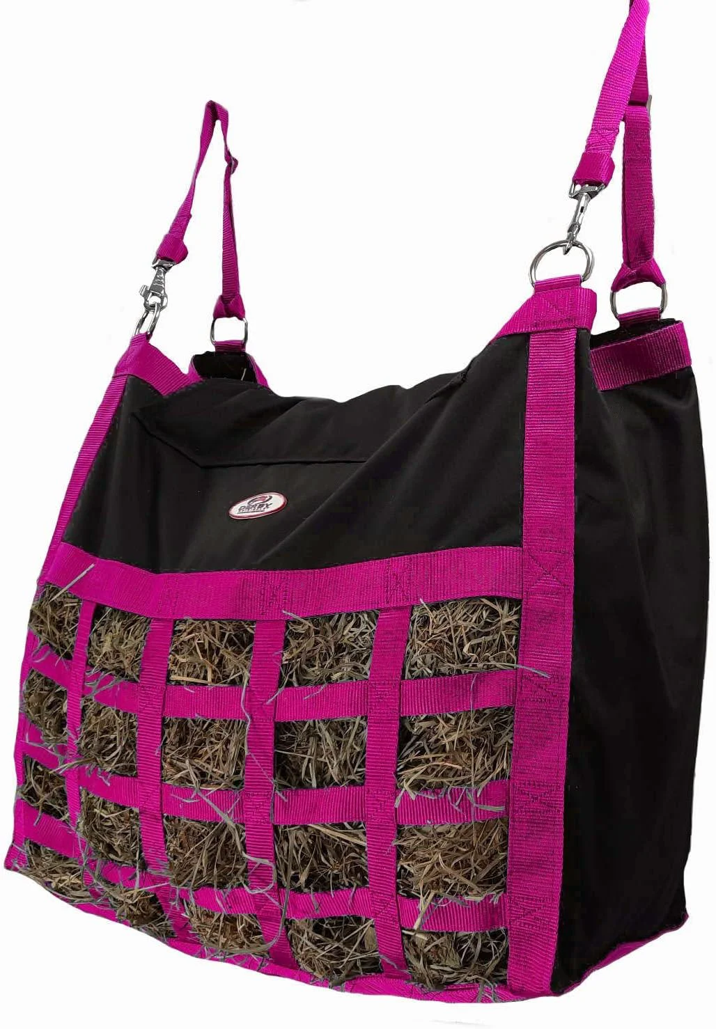 Genuine Supreme Slow Feed Top Load Hay Bag with Super Tough Bottom and 6 Month Warranty Black and Pink Practical