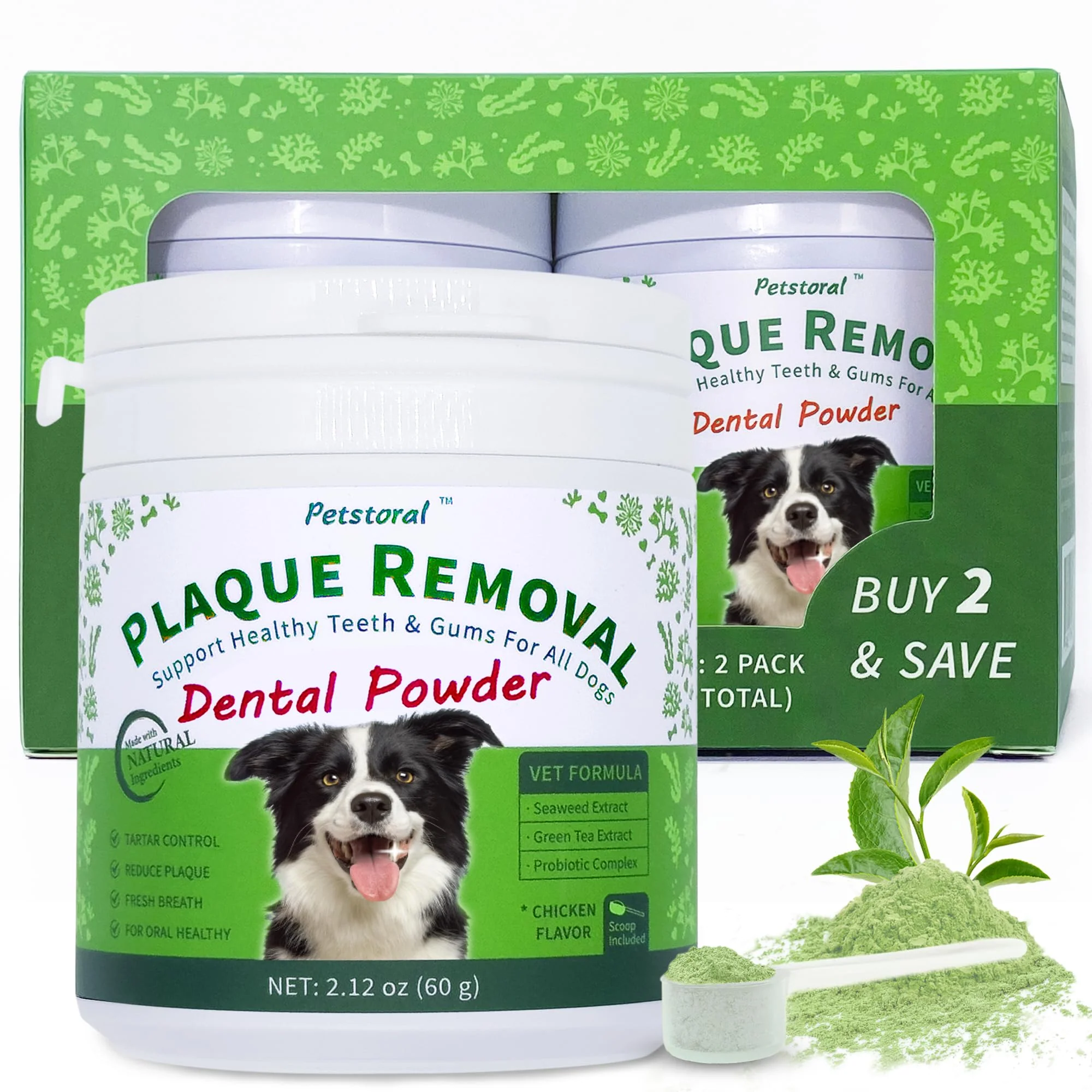 Eco-Friendly Petstoral 2-Pack Plaque Removal Natural Dental Powder for Dogs – Dental Care Bad Breath Solution Contemporary