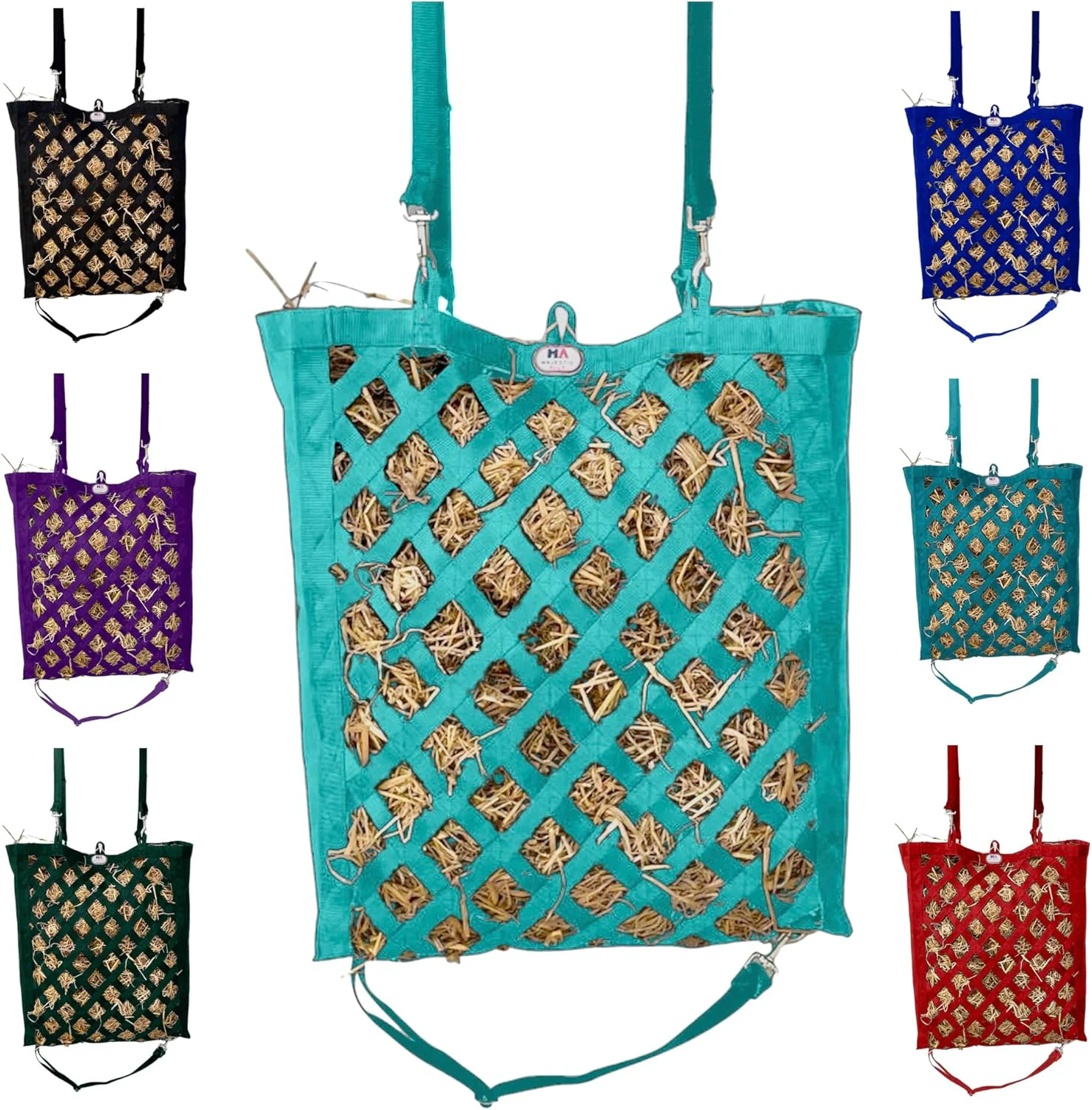 Certified Majestic Ally Premium Nylon Hay Bag for Horses and Livestock Simulates Grazing Slow Feeding Heavy-Duty PP Webbing Quick-Adjust Straps Small Hole for Digestion Multiple Colors Turquoise Original