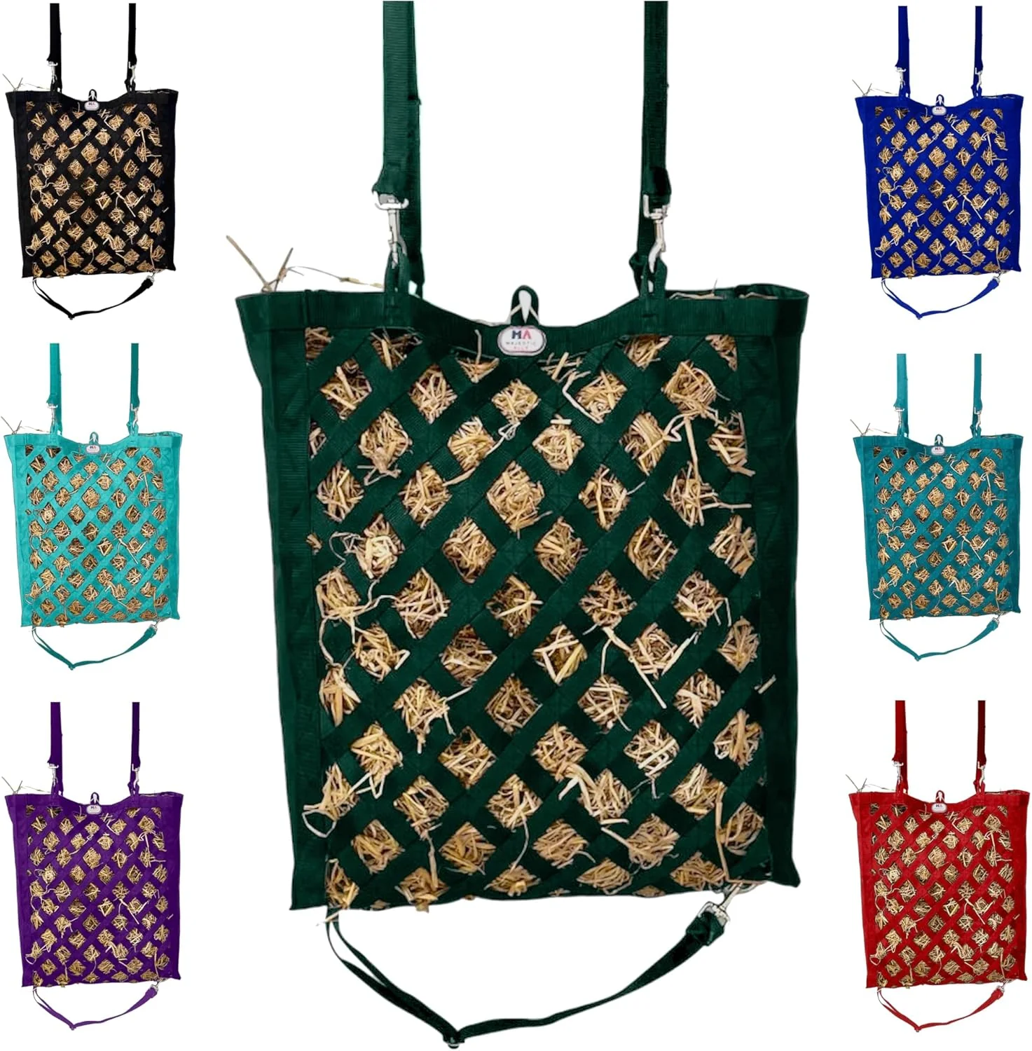 Traditional Majestic Ally Premium Nylon Hay Bag for Horses and Livestock Simulates Grazing Slow Feeding Heavy-Duty PP Webbing Quick-Adjust Straps Small Hole for Digestion Multiple Colors Hunter Green Trendy