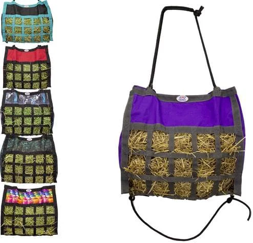 Smart Derby s Scratchless Slow Feeder Horse Hay Bag with Super Tough Bottom and 6 Month Warranty Purple with Charcoal Trim Detailed