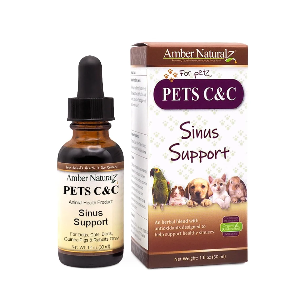Recyclable Amber NaturalZ Pet C C Sinus Support — Herbal Sinus Health for Dogs Cats Birds Small Pets 1 oz USA Bottle Eco-Friendly