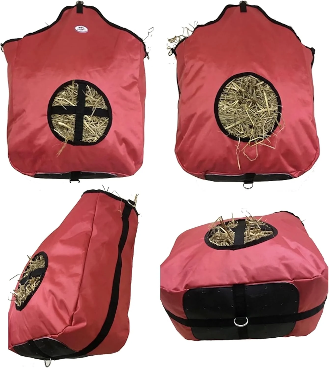 Professional Majestic Ally Nylon Hay Feeder Tote Bag for Horse Goat Sheep - Double Sides Open Feed Hole with Faux Leather Ventilated Bottom- Premium Quality -Simulates Grazing - Reduces Waste RED Expertly Made