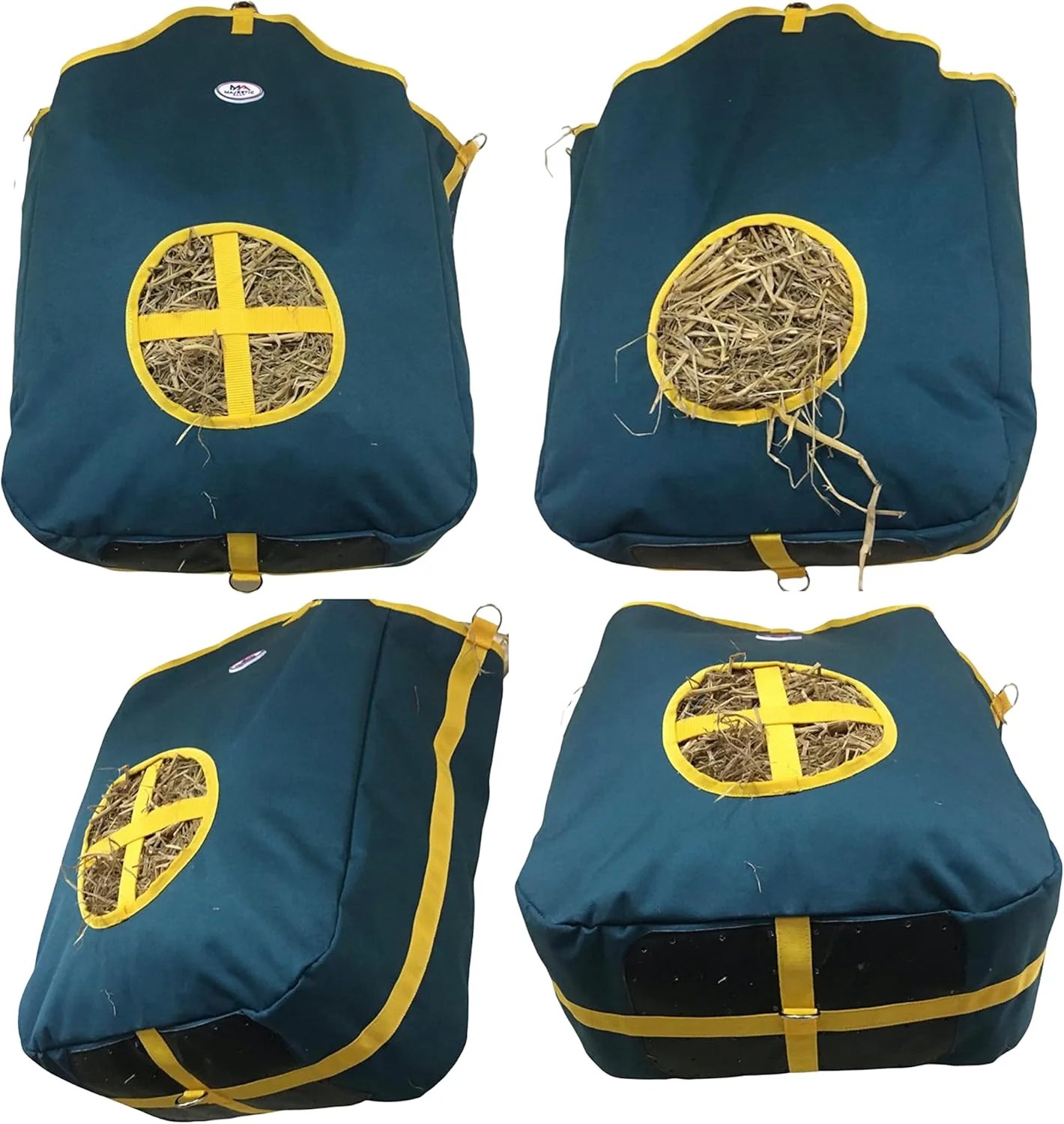 Specialty Majestic Ally Nylon Hay Feeder Tote Bag for Horse Goat Sheep - Double Sides Open Feed Hole with Faux Leather Ventilated Bottom- Premium Quality -Simulates Grazing - Reduces Waste Hunter Green Pure