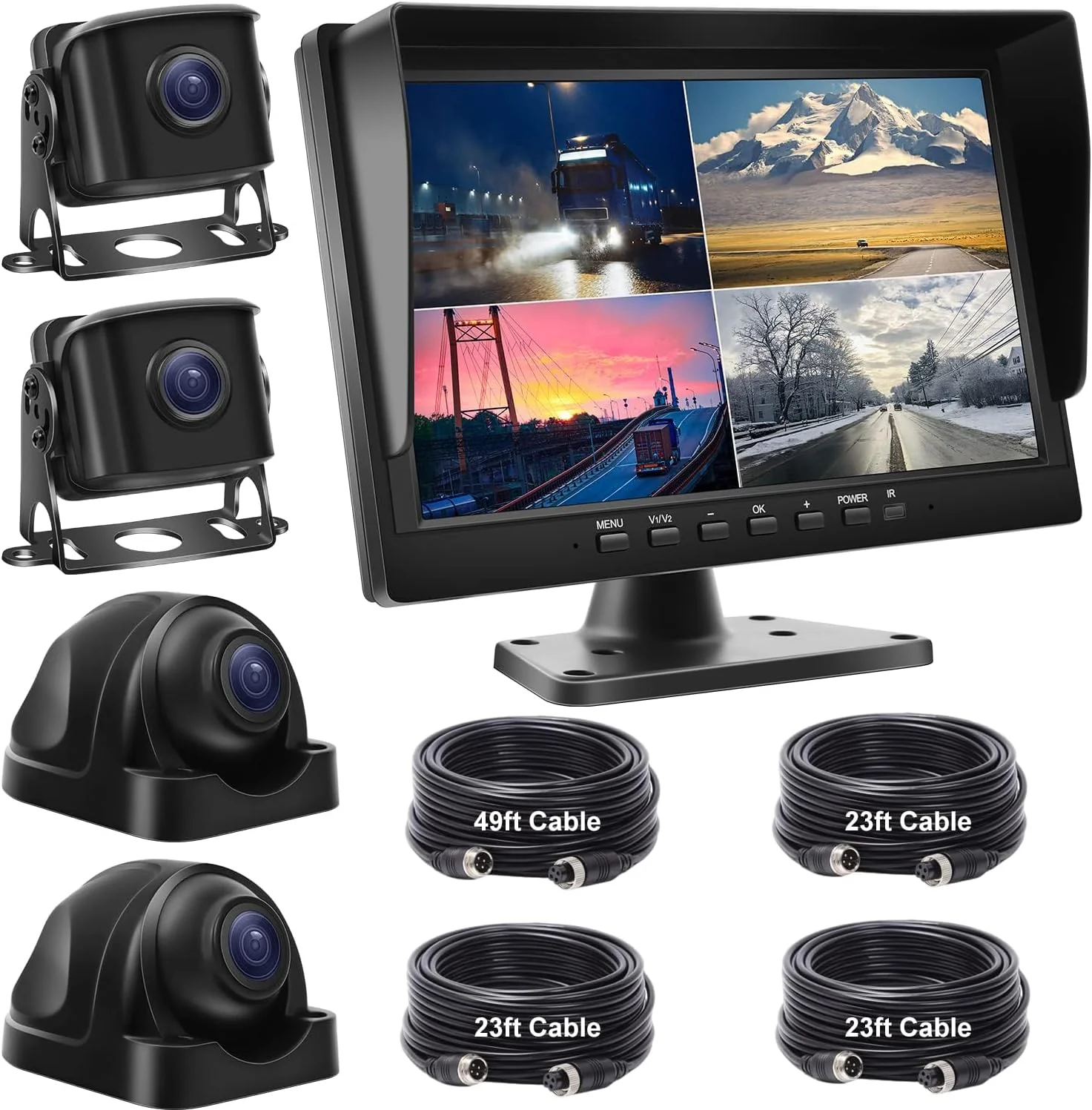 Convenient Wired Backup Camera System with 10.1 ™â€ IPS Monitor for Truck RV Trailer Bus Rear View Camera with Side Front View Camera 4 Split Screen Super Waterproof Night Vision Easy Installation AHD1080P Quality