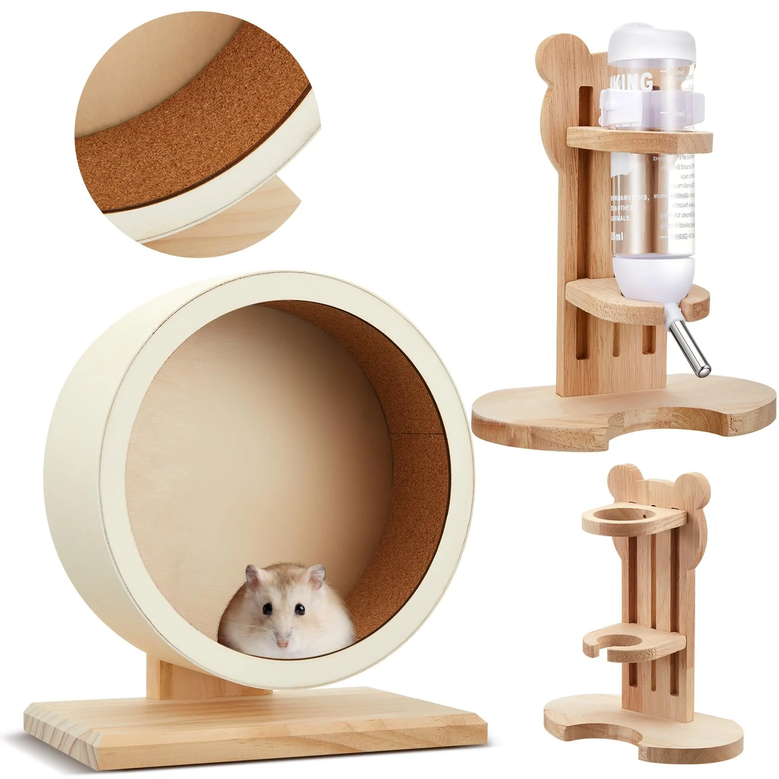 Original Design Sonwyoung 2 Pcs M Size Wooden Hamster Wheels Water Bottle Set – Silent Exercise for Small Pets Easy-to-Use