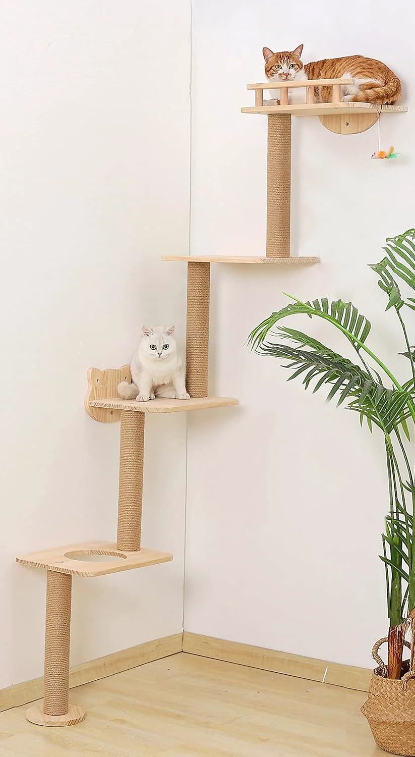 First-Class Cat Tree Wall Mounted with 4 Levels Shelves 73 Wood Corner Tower Inside Kitten Playground for Climbing Playing and Lounging Left to Right Functional