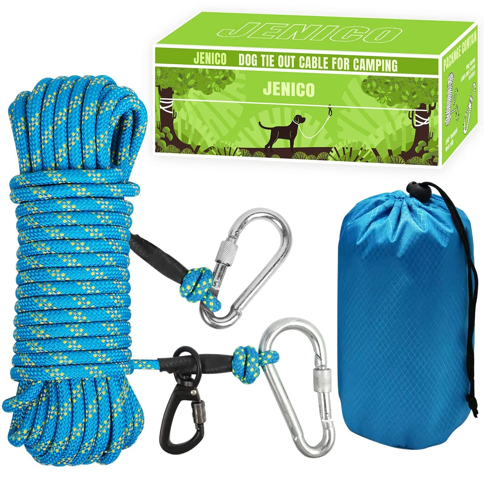 Powerful Jenico Dog Tie Out Cable for Camping - 50ft 70ft 100ft Overhead Trolley System Reflective Glow Up to 300lbs - Blue Clean
