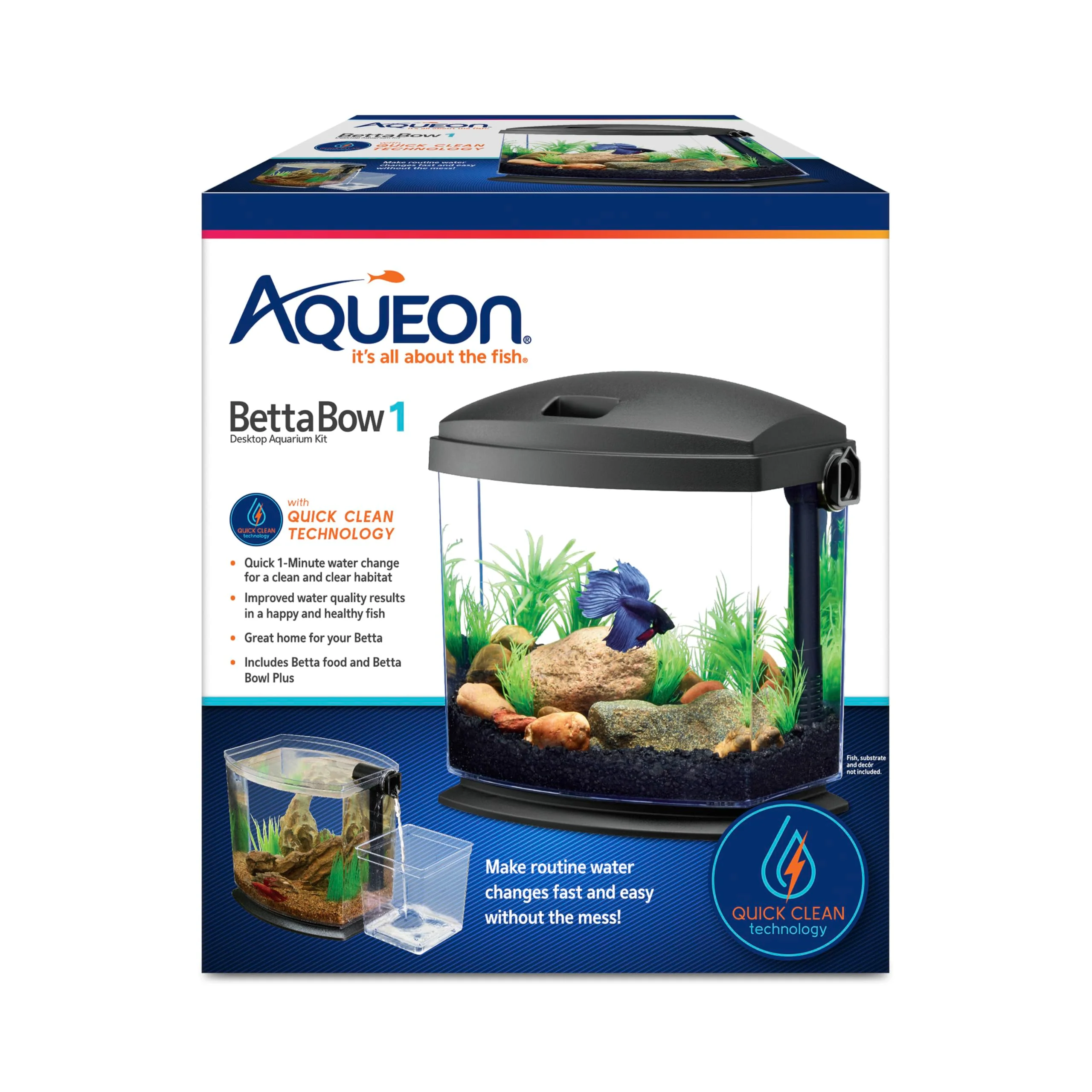 Prestigious Aqueon BettaBow with Quick Clean Technology Aquarium Kit 1-Gallon Black World-Class